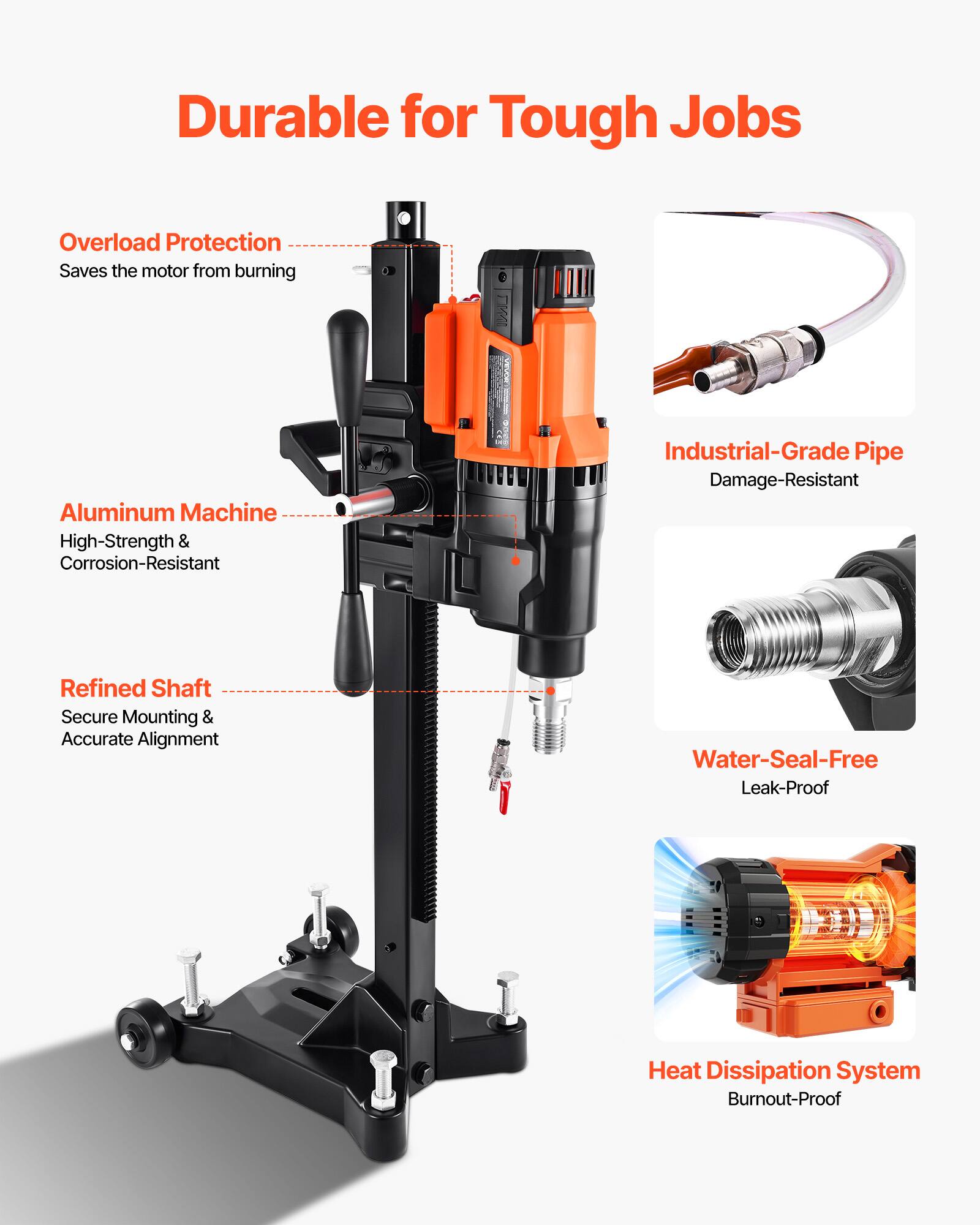 Durable for Tough Jobs

- Overload Protection: Saves the motor from burning
- Aluminum Machine: High-Strength & Corrosion-Resistant
- Refined Shaft: Secure Mounting & Accurate Alignment
- Industrial-Grade Pipe: Damage-Resistant
- Water-Seal-Free: Leak-Proof
- Heat Dissipation System: Burnout-Proof