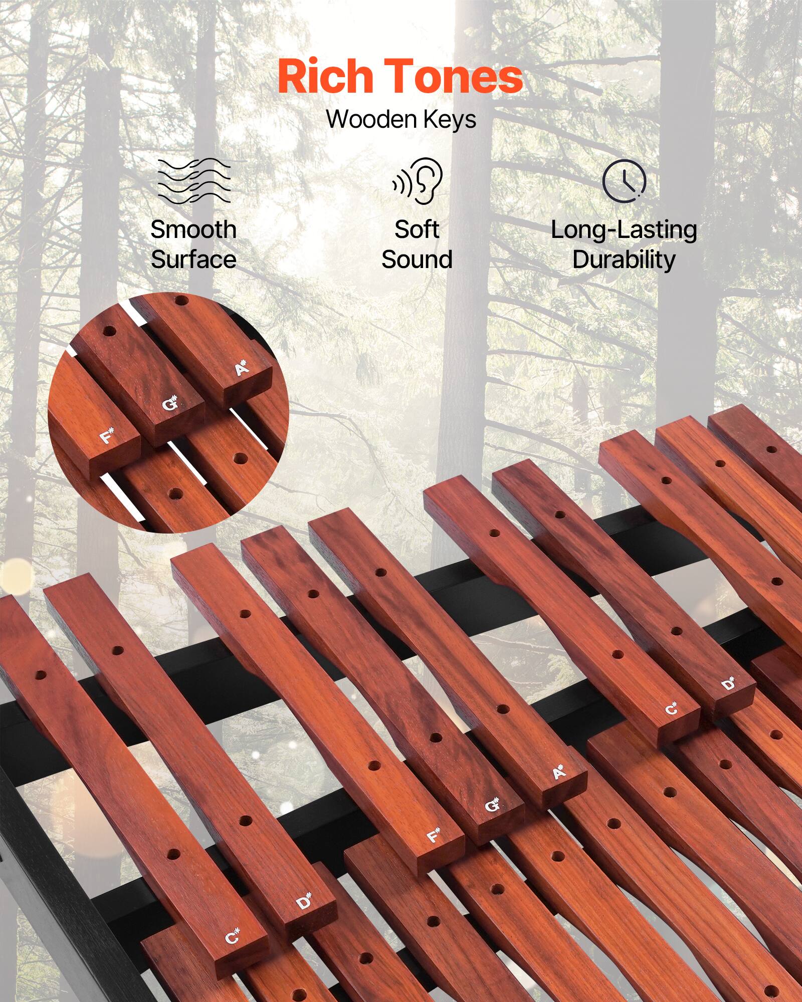 Rich Tones Wooden Keys  
Smooth Surface  
Soft Sound  
Long-Lasting Durability  

F* G A C* D* F* G A C* D*