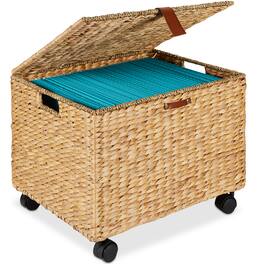 Best Choice Products - Hyacinth Rolling Filing Cabinet Mobile Organizer Storage Basket w/ Lid, Locking Wheels - Natural