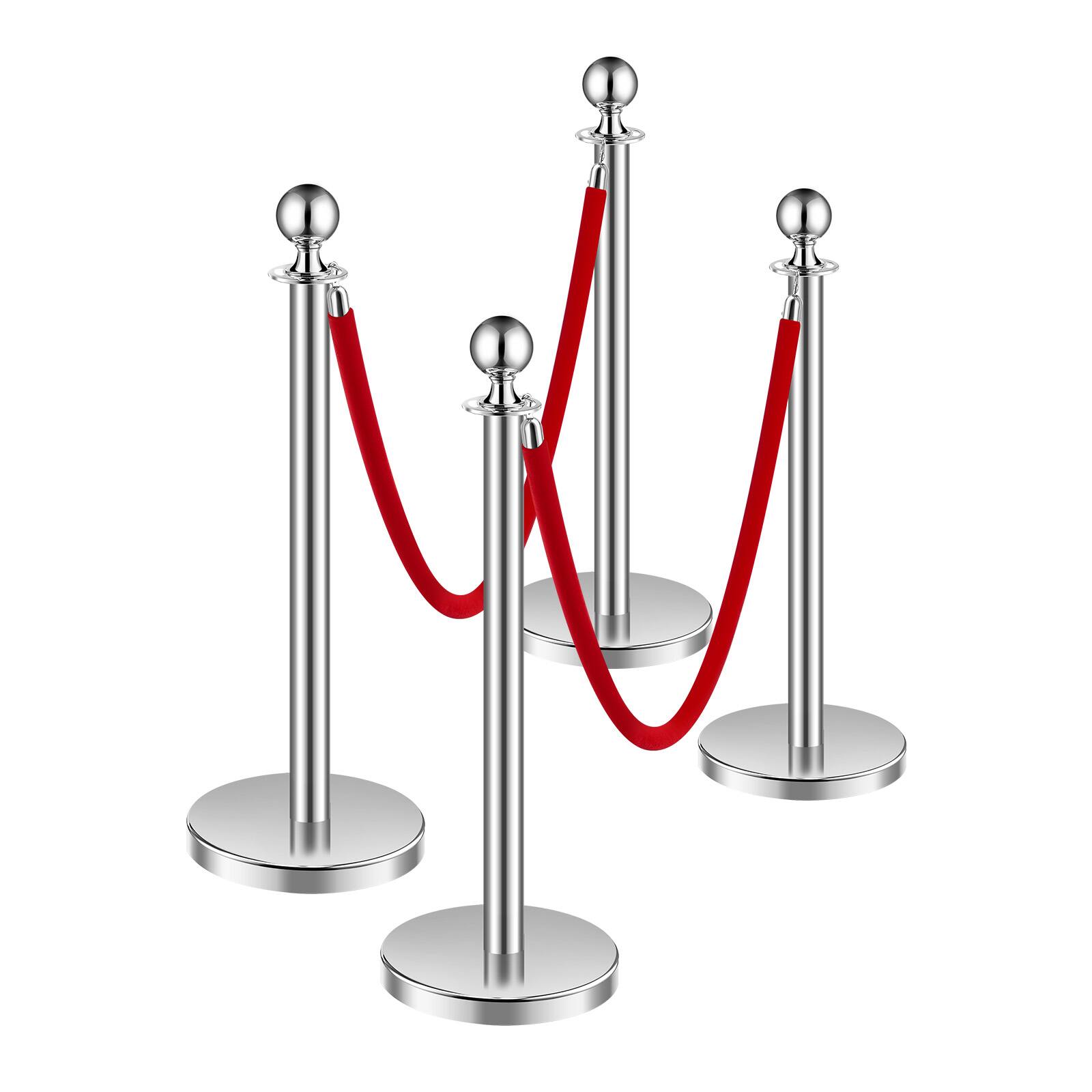Alt View 5. VEVOR - Stanchions and Velvet Ropes 4Pcs, Hollow Base with Stainless Steel Post, 2 Red Velvet Ropes and Posts - Silver red velvet.