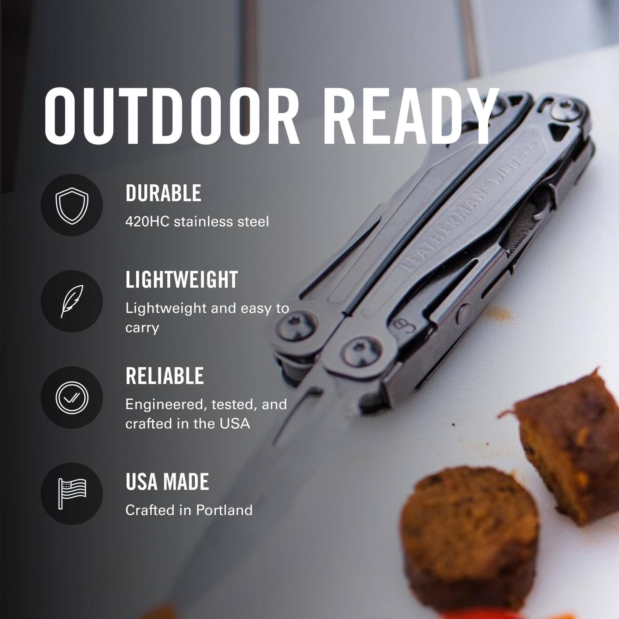 OUTDOOR READY

- DURABLE
  420HC stainless steel

- LIGHTWEIGHT
  Lightweight and easy to carry

- RELIABLE
  Engineered, tested, and crafted in the USA

- USA MADE
  Crafted in Portland