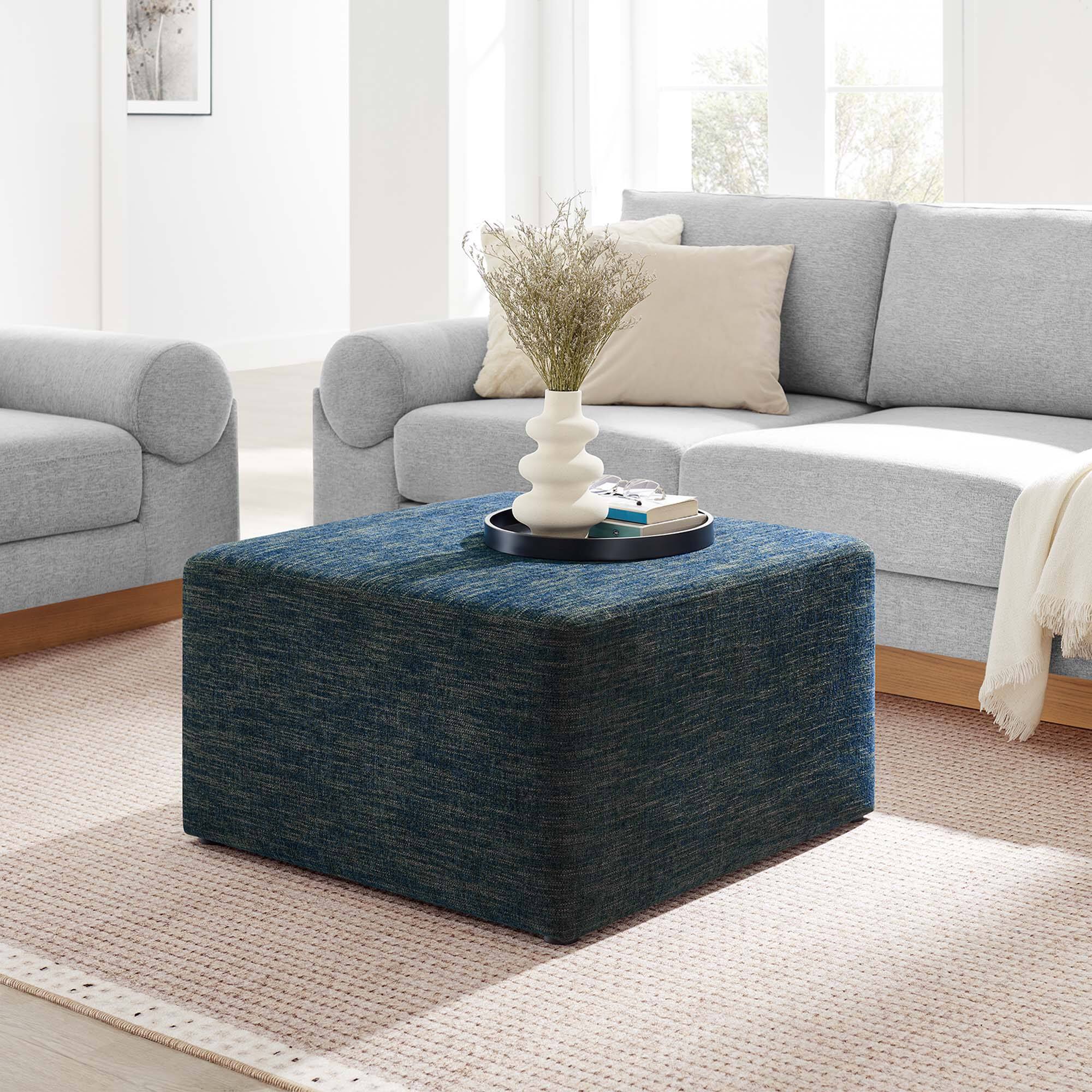 Alt View 1. Modway - Callum Large 28" Square Woven Heathered Fabric Upholstered Ottoman by Modway - Heathered Weave Azure.
