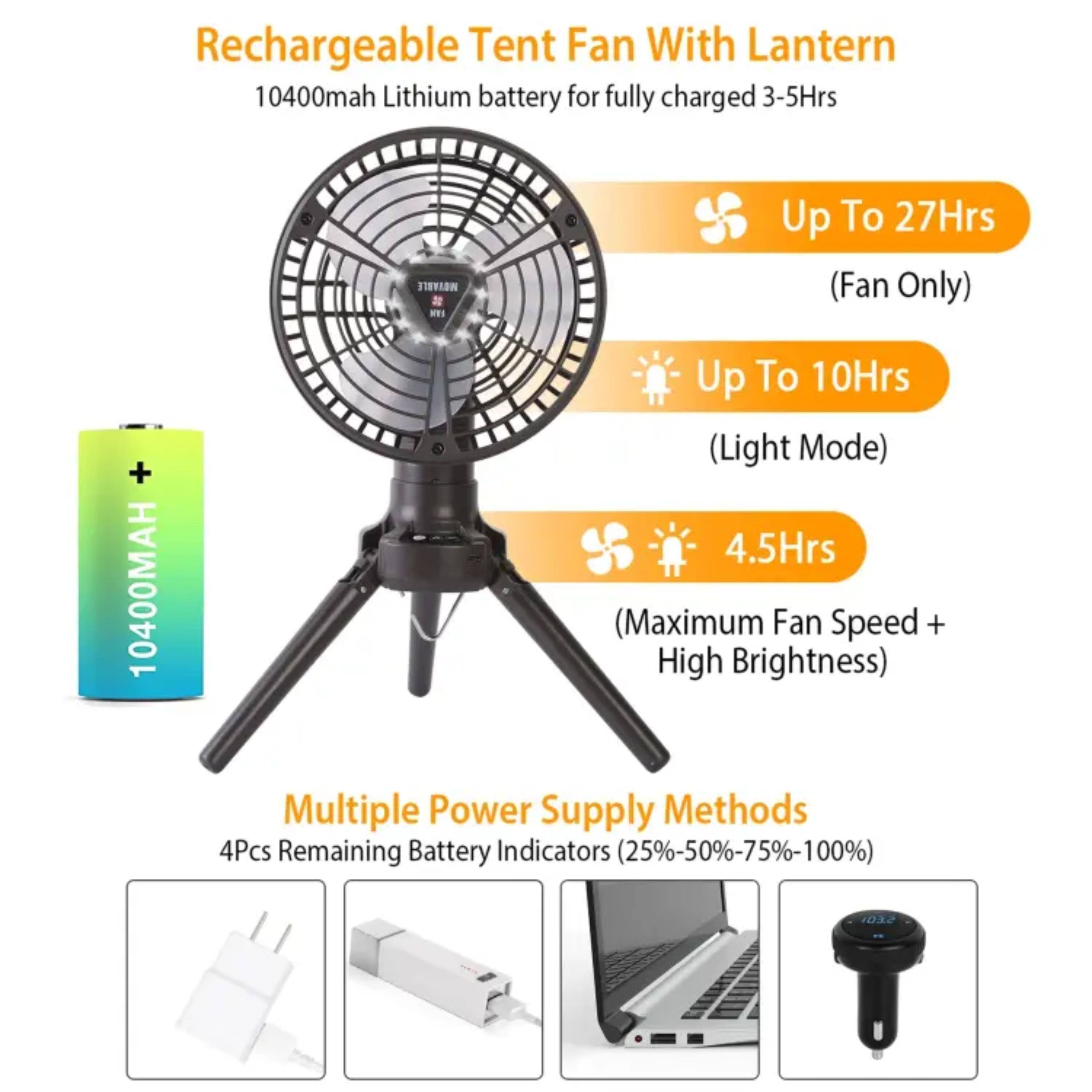 Rechargeable Tent Fan With Lantern  
10400mah Lithium battery for fully charged 3-5Hrs  

- Up To 27Hrs (Fan Only)  
- Up To 10Hrs (Light Mode)  
- 4.5Hrs (Maximum Fan Speed + High Brightness)  

Multiple Power Supply Methods  
4Pcs Remaining Battery Indicators (25%-50%-75%-100%)