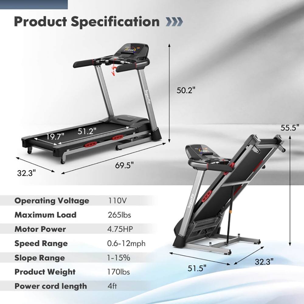 Product Specification

- Superfir 50.2" 19.7" 51.2" 55.5" 32.3" 69.5"
- Operating Voltage: 110V
- Maximum Load: 265lbs
- Motor Power: 4.75HP
- Speed Range: 0.6-12mph
- Slope Range: 1-15%
- Product Weight: 170lbs
- Power cord length: 4ft
- 51.5" 32.3"