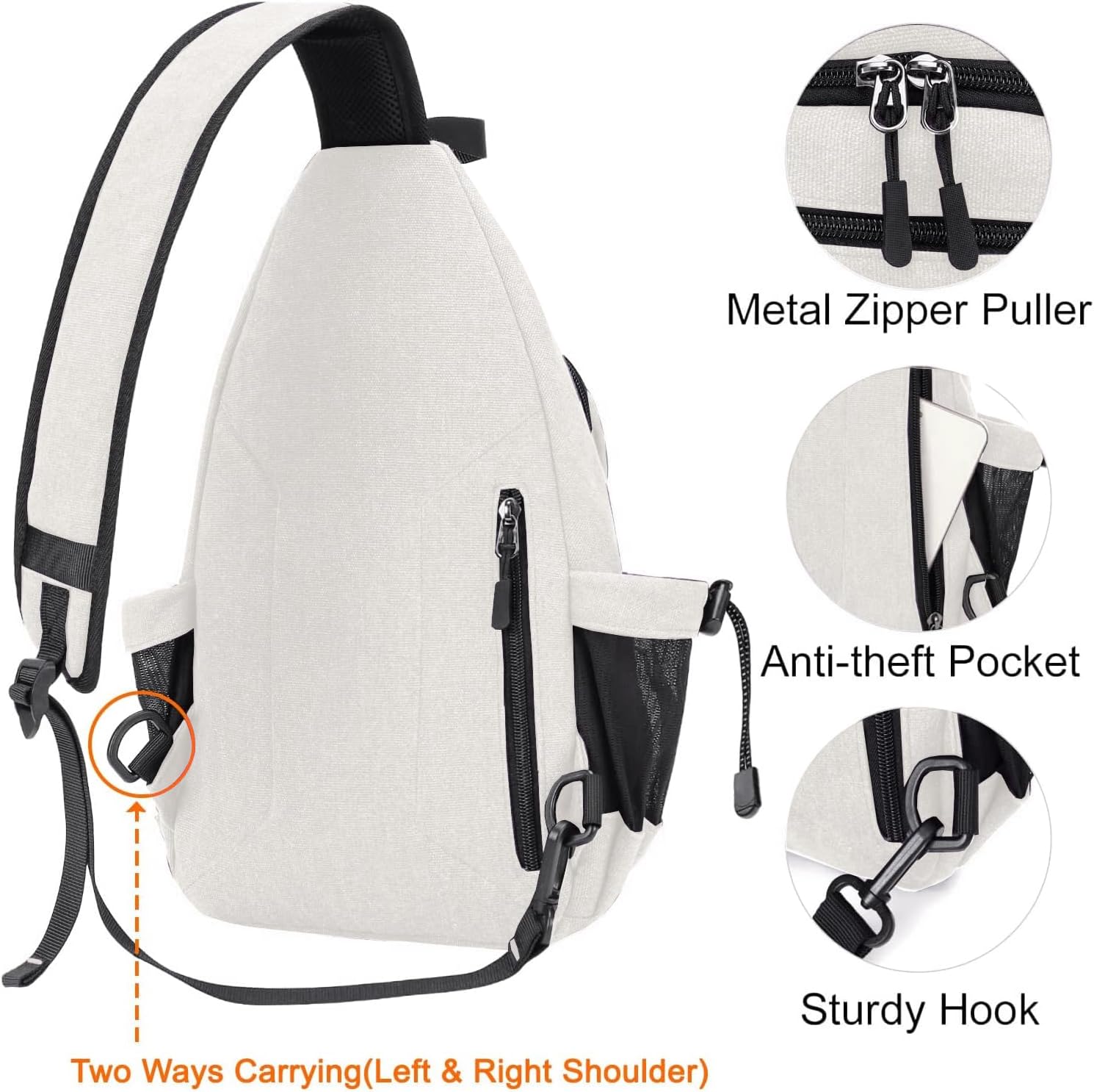 Metal Zipper Puller  
Anti-theft Pocket  
Two Ways Carrying (Left & Right Shoulder)  
Sturdy Hook