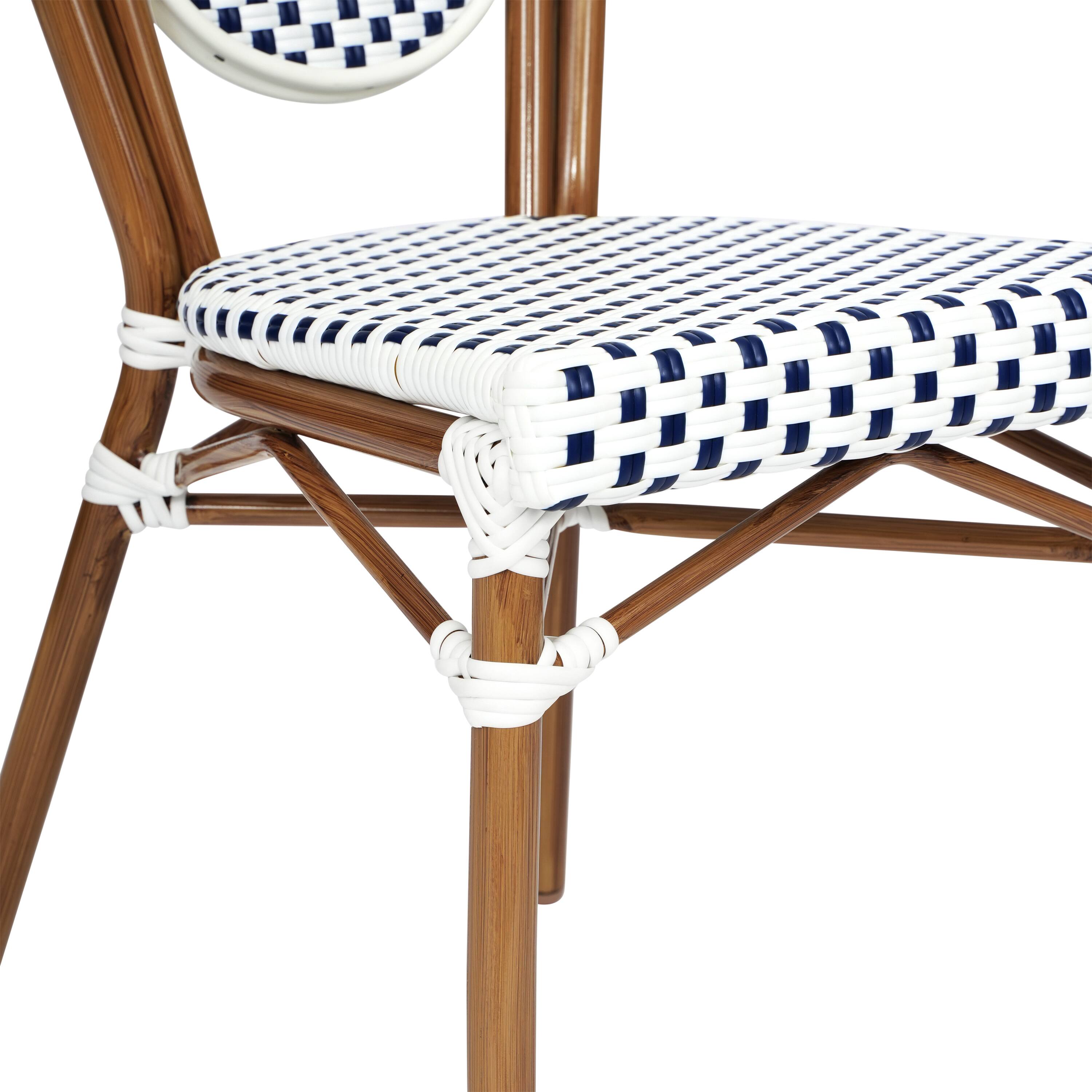 Alt View 10. Emma + Oliver - Colmar Set of Four Indoor/Outdoor Stacking Thonet Bistro Style Chairs with PE Rattan Seat and Metal Frame - White & Navy/Natural Frame.