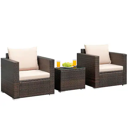 Front. Costway - 3PCS Patio Rattan Furniture Set Conversation Wicker Sofa Set w/Cushion Garden - Brown.