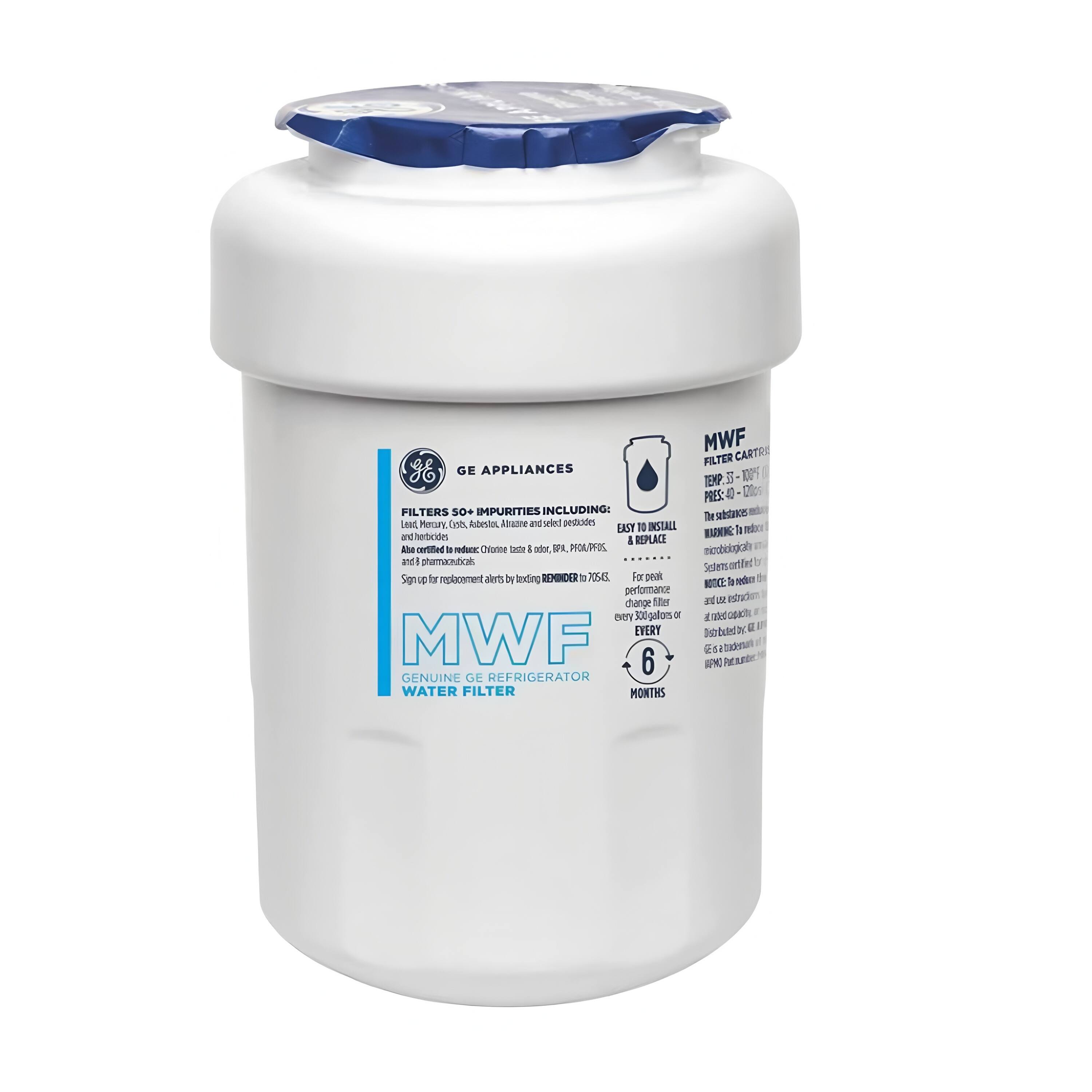 GE APPLIANCES  
FILTERS 50+ IMPURITIES INCLUDING:  
Lead, Mercury, Chlorine, Arsenic, Asbestos, Aluminum, and herbicides  

EASY TO INSTALL & REPLACE  
The filter is easy to install and replace.  

MWF  
FILTER CARTRIDGE  
TEMP: 3 - 120°F  
PRESS: 40 psi  
The filter is certified to reduce:  
Chlorine taste and odor, lead, mercury, arsenic, asbestos, and herbicides.  
Also certified to reduce:  
Chlorine taste and odor, lead, mercury, arsenic, asbestos, and herbicides.  
Sign up for replacement alerts by texting MWF to 76543.  

GENUINE GE REFRIGERATOR WATER FILTER  

MWF  
6 MONTHS  

For peak performance change filter every 300 gallons or EVERY 6 MONTHS  

MWF  
FILTER CARTRIDGE  
TEMP: 3 - 120°F  
PRESS: 40 psi  
The filter is certified to reduce:  
Chlorine taste and odor, lead, mercury, arsenic, asbestos, and herbicides.  
Also certified to reduce:  
Chlorine