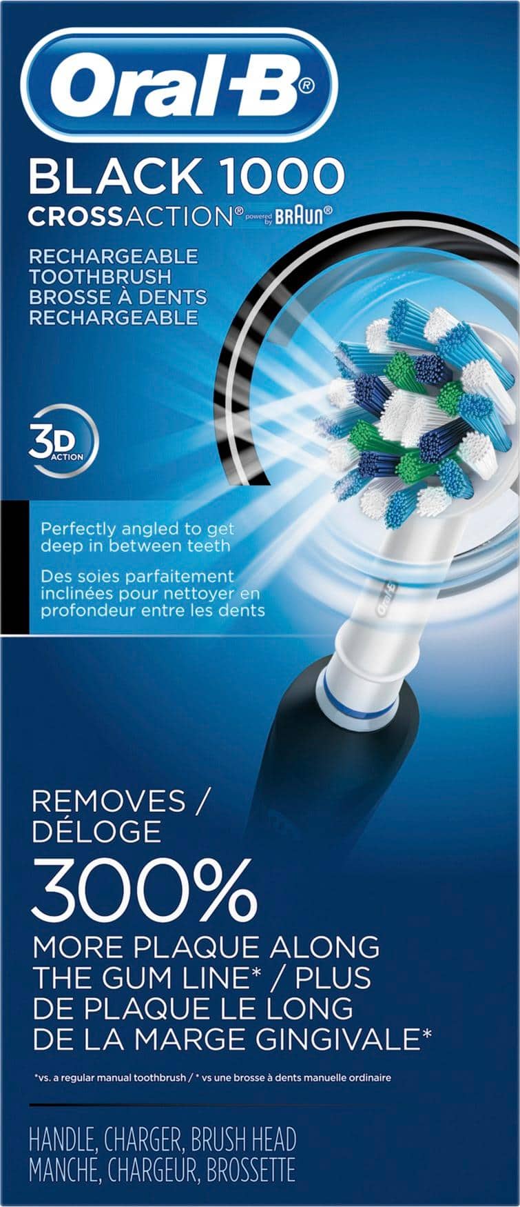 Oral B R BLACK 1000 3 CROSSACTION BRAUN RECHARGEABLE TOOTHBRUSH BROSSE DENTS RECHARGEABLE 3D ACTION Perfectly angled to get deep in between teeth Des sois parfaitement inclines pour nettoyer en profondeur entre les dents REMOVES 300% MORE PLAQUE ALONG THE GUM LINE* NE* /PLUS DE PLAQUE LE LONG DE LA MARGE GINGIVALE* vs. a regular manual toothbrush.