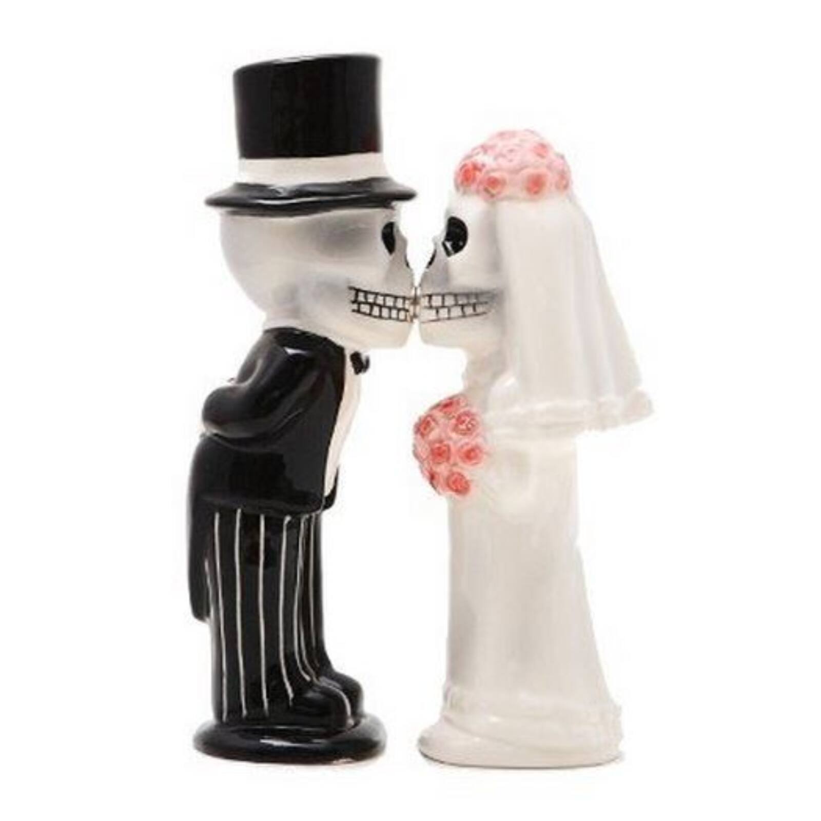Angle. Pacific Trading - Bride and Groom Love Never Dies Skeletons Kissing Magnetic Ceramic Salt and Pepper Shakers - Multicolor.
