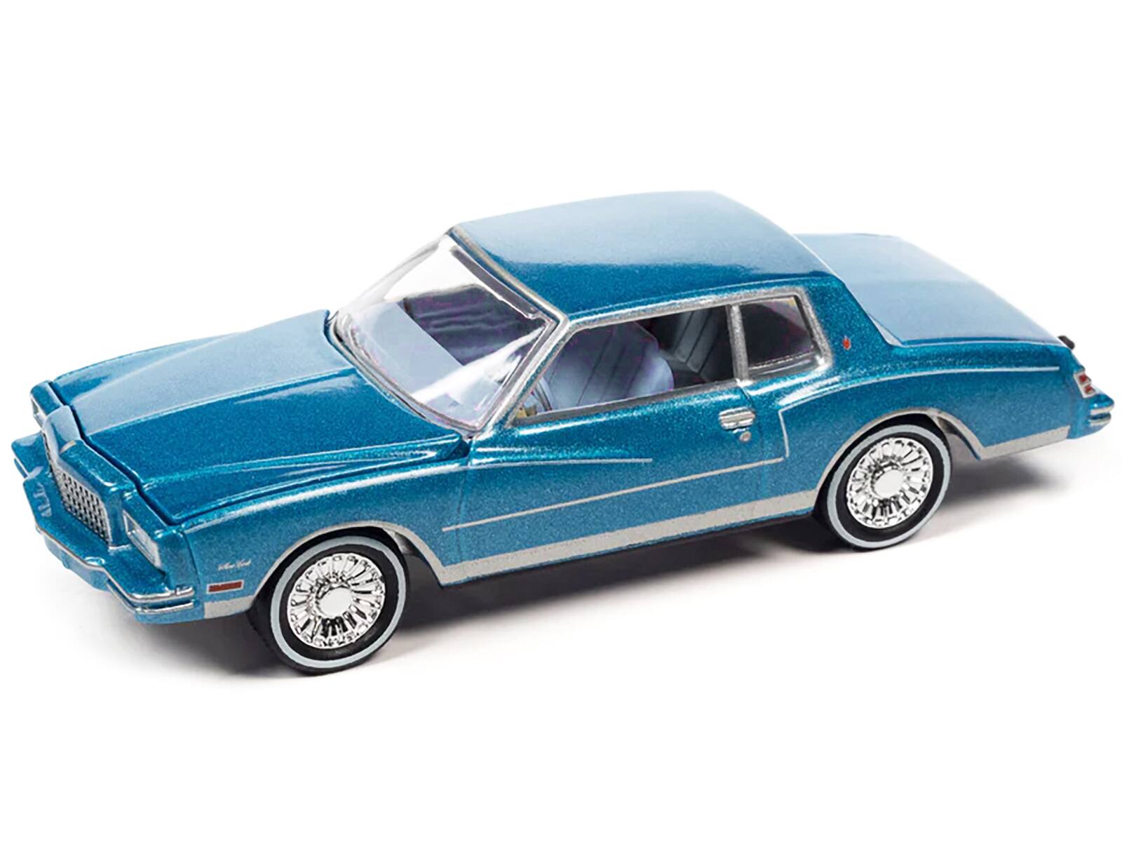 Angle. Johnny Lightning - 1980 Chevrolet Monte Carlo Bright Blue Metallic w/ Blue Interior Bass Boat & Trailer Limited 7264pcs Tow & Go 1/64 - Blue Metallic with Blue with Bass.