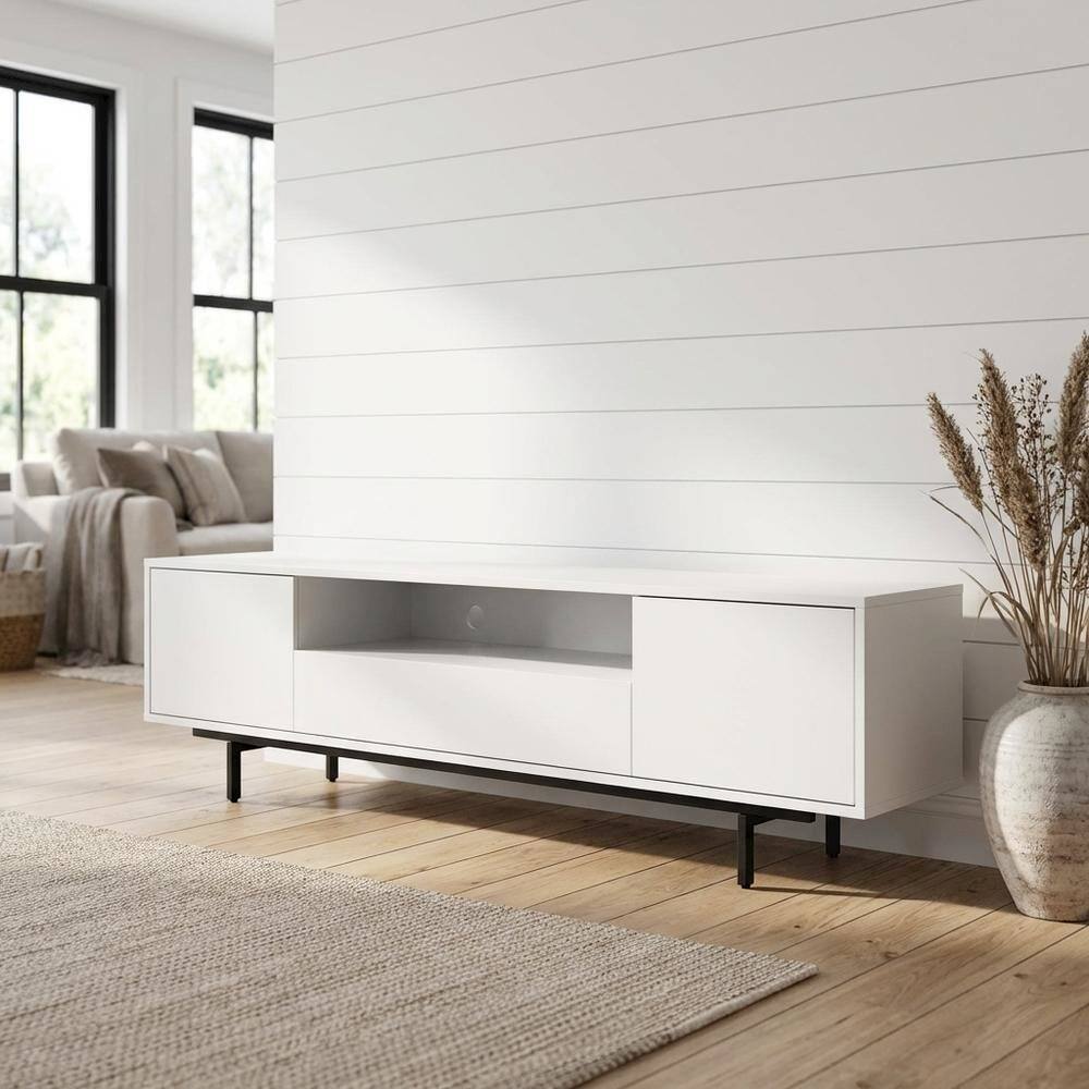 Angle. FurniFact - White Laminate TV Console with 3 Doors in Modern and Industrial Styles - White.
