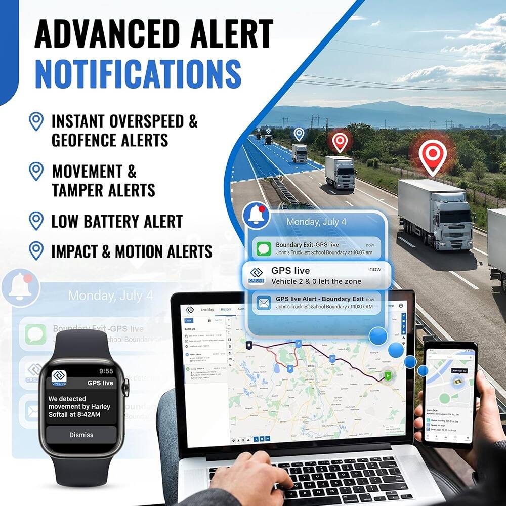 **ADVANCED ALERT NOTIFICATIONS**

- INSTANT OVERSPEED & GEOFENCE ALERTS
- MOVEMENT & TAMPER ALERTS
- LOW BATTERY ALERT
- IMPACT & MOTION ALERTS

**Monday, July 4**

- Boundary Exit - GPS live
  - John's Truck left School Boundary at 10:07 AM
- GPS live
  - Vehicle 2 & 3 left the zone
- GPS live
  - John's Truck left School Boundary at 10:07 AM
- GPS live
  - We detected movement by Harley Softail at 8:42 AM

**Monday, July 4**

- Boundary Exit - GPS live
  - John's Truck left School Boundary at 10:07 AM
- GPS live
  - Vehicle 2 & 3 left the zone
- GPS live
  - John's Truck left School Boundary at 10:07 AM
- GPS live
  - We detected movement by Harley Softail at 8:42 AM