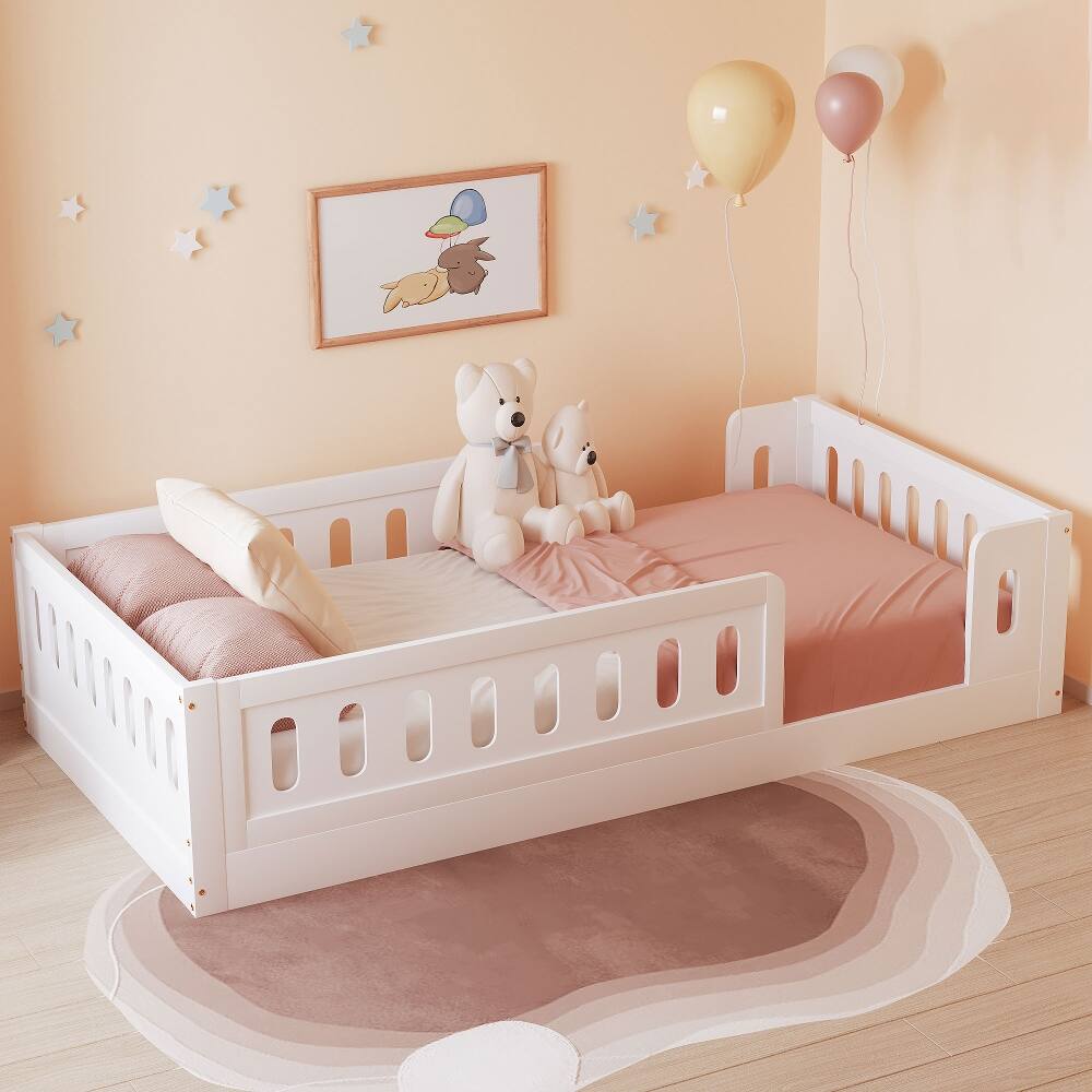 Angle. Loheer - Loheer Twin Platform Bed White Wood Twin Bed with Guardrail Kids Floor Bed - White.