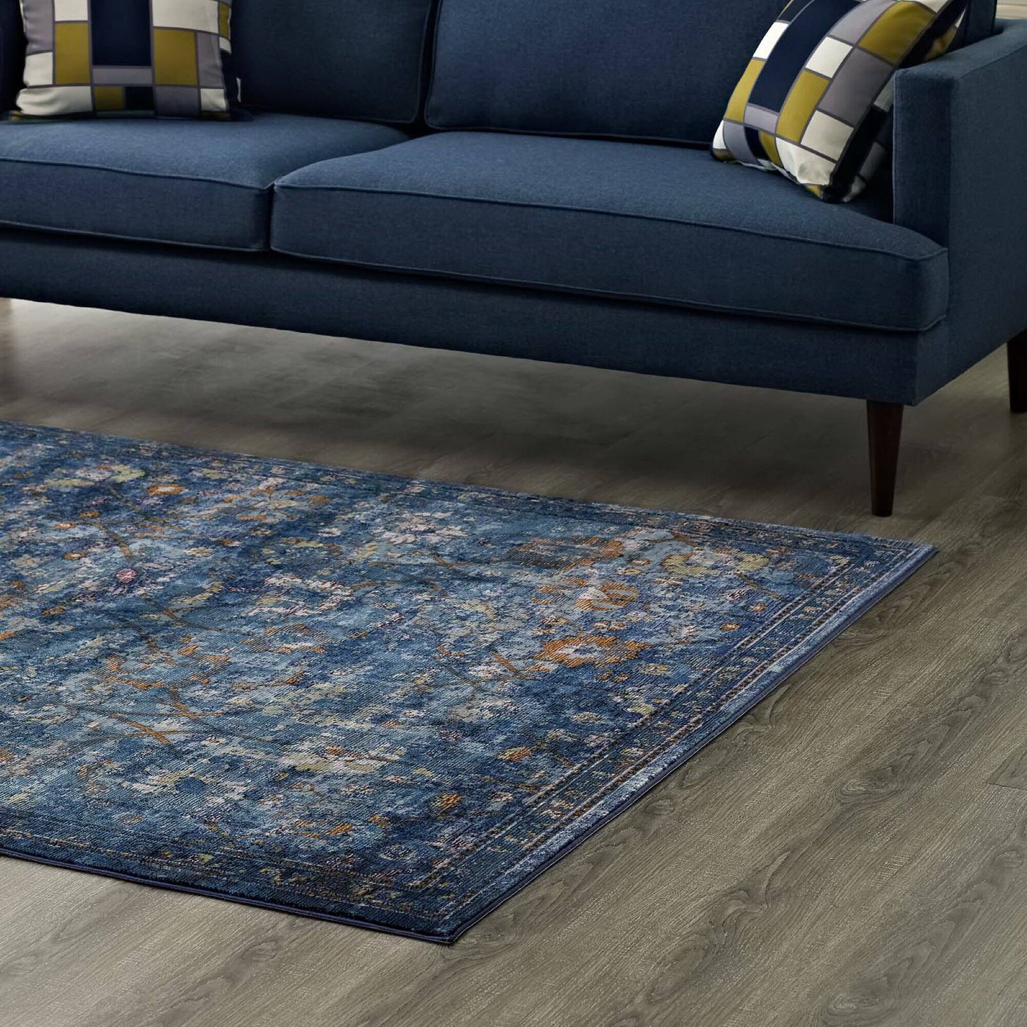 Back. Modway - Minu Distressed Floral Lattice Area Rug - Dark Blue Yellow and Orange.