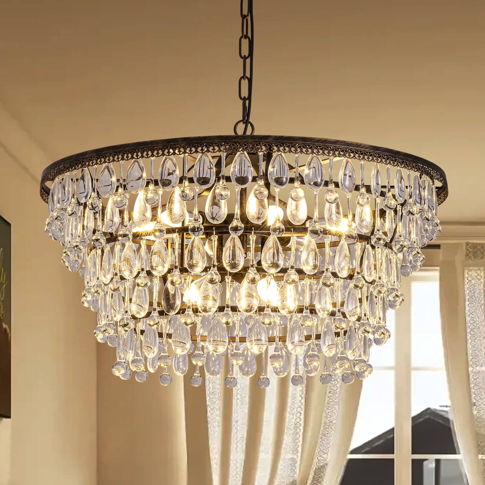 Angle. Siljoy - 28-Inch 9-Light Vintage Antique Bronze Crystal Chandelier with Adjustable Chain for Dining Room, Foyer, and Bedroom - Black.