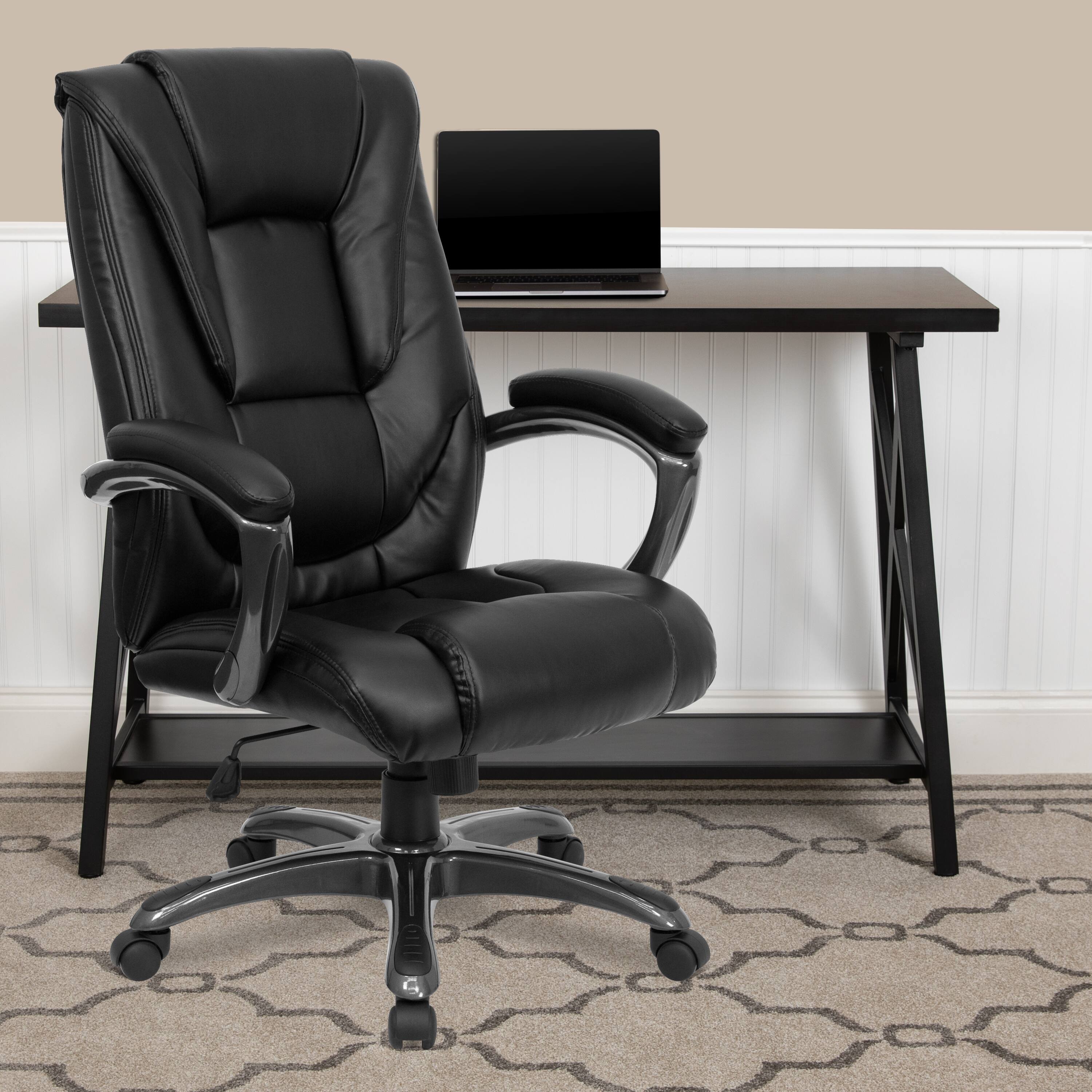 Alt View 1. Emma + Oliver - High Back Leather Layered Upholstered Executive Swivel Ergonomic Office Chair with Smoke Metal Base and Padded Arms - Black.