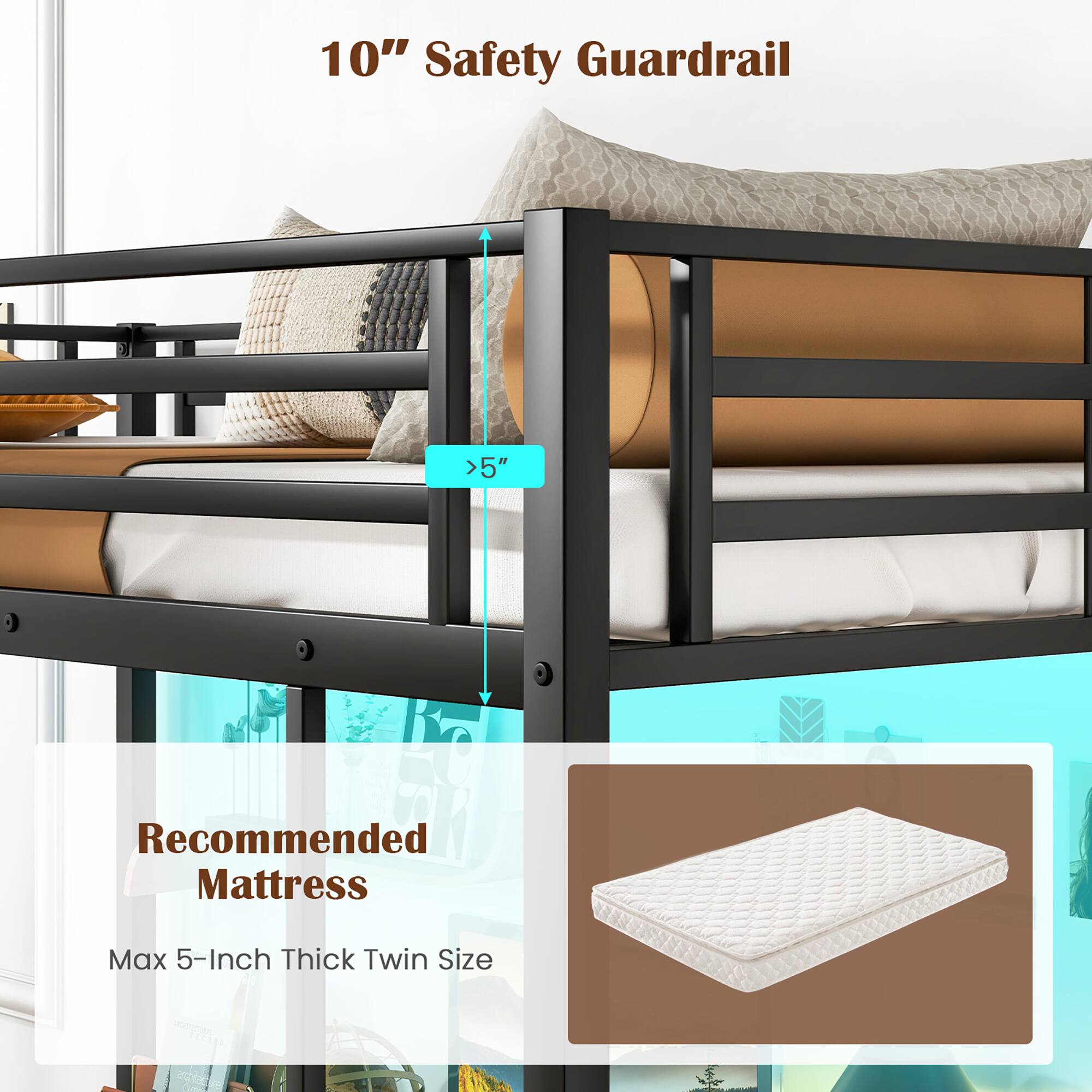 10" Safety Guardrail >5" Recommended Mattress Max 5-Inch Thick Twin Size