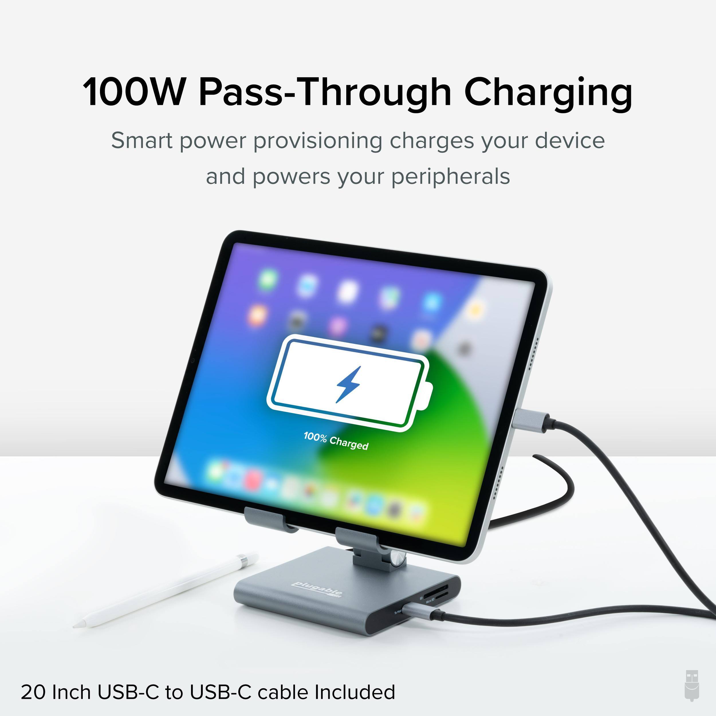 100W Pass-Through Charging, Smart power provisioning charges your device and powers your peripherals, 100% Charged, 20 Inch USB-C to USB-C cable Included