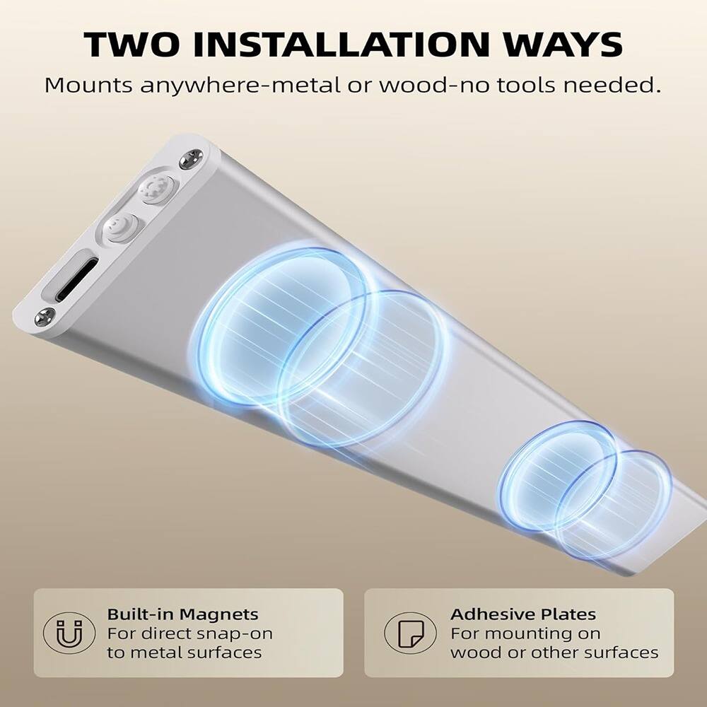 TWO INSTALLATION WAYS  
Mounts anywhere-metal or wood-no tools needed.  

Built-in Magnets  
For direct snap-on to metal surfaces  

Adhesive Plates  
For mounting on wood or other surfaces