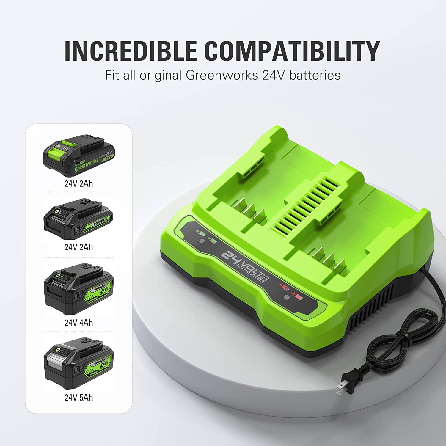 INCREDIBLE COMPATIBILITY Fit all original Greenworks 24V batteries 4 greenworks U gr 24V 2Ah 24V 2Ah 5 24VPT TE 24V 4Ah 1 24V 5Ah