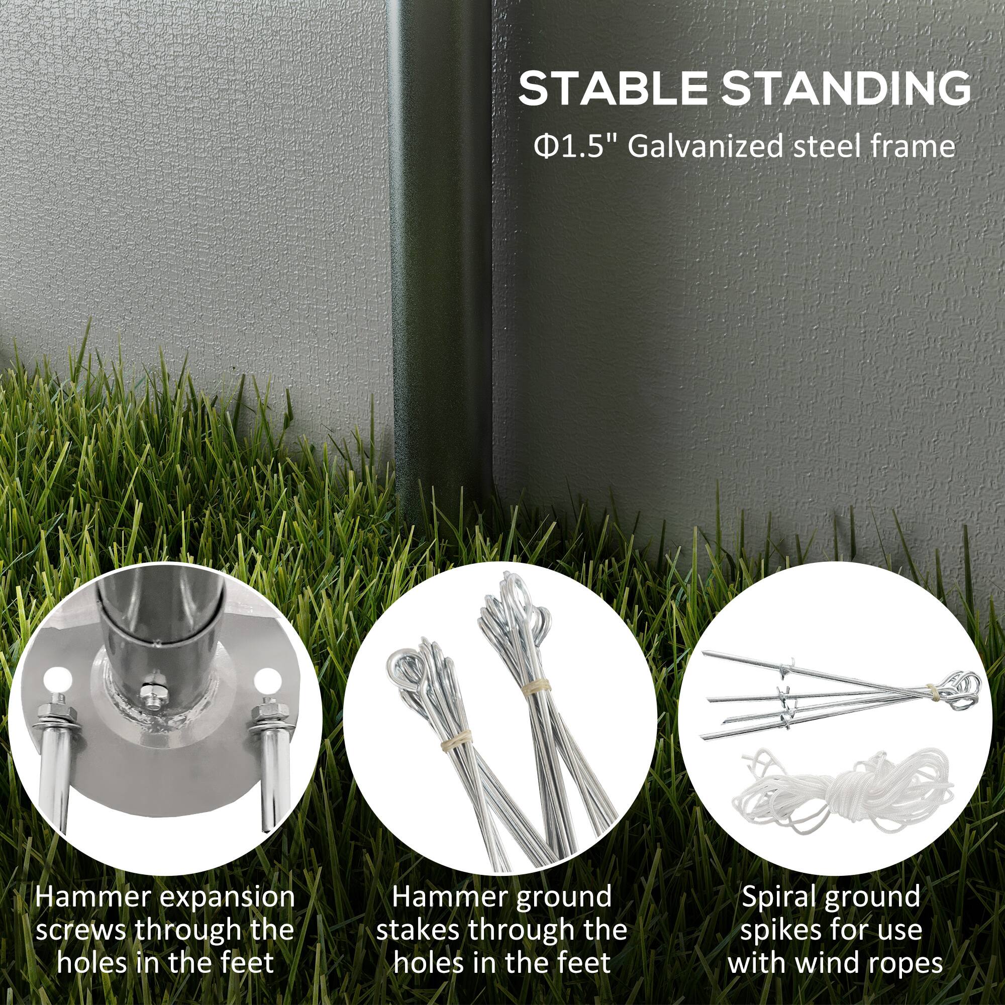 STABLE STANDING

1.5" Galvanized steel frame

Hammer expansion screws through the holes in the feet
Hammer ground stakes through the holes in the feet
Spiral ground spikes for use with wind ropes