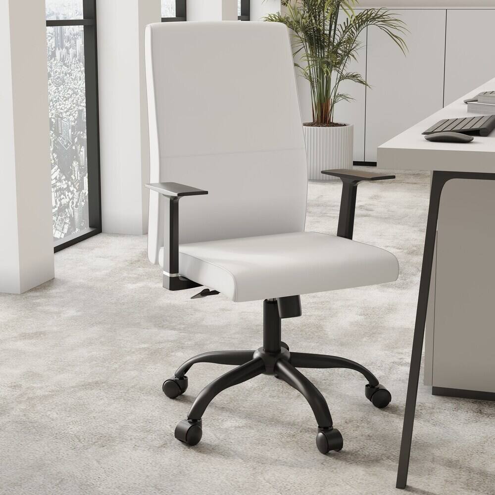 Angle. LeisureMod - Evander Leather Office Chair Aluminum Frame with Adjustable Height, Swivel, Ergonomic Desk Chair - White.