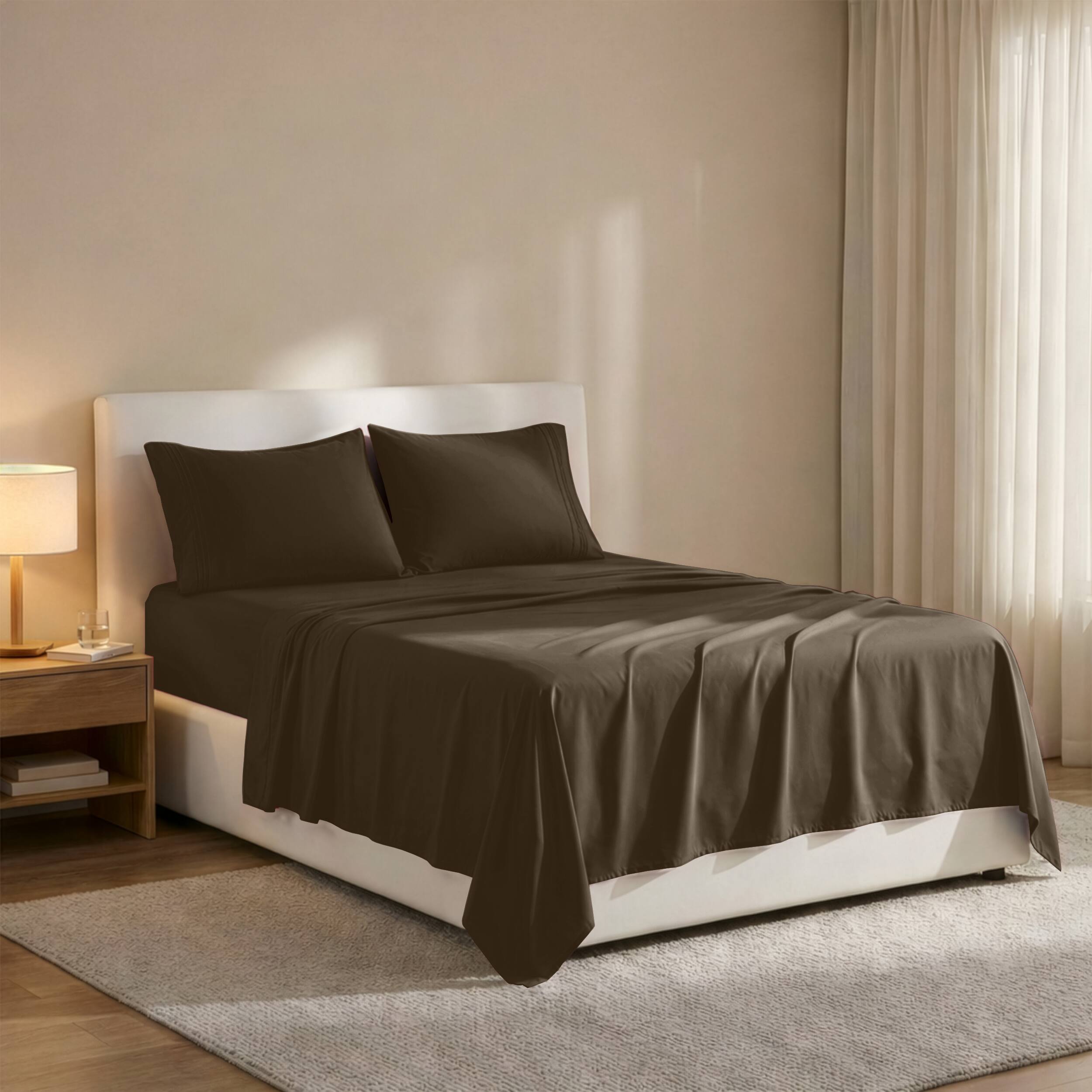 Angle. Lux Decor Collection - 4-Piece Queen Bed Sheet Set, Ultra Soft Microfiber, Deep Pocket, Wrinkle-Resistant, Hypoallergenic, All-Season Comfort - Chocolate.