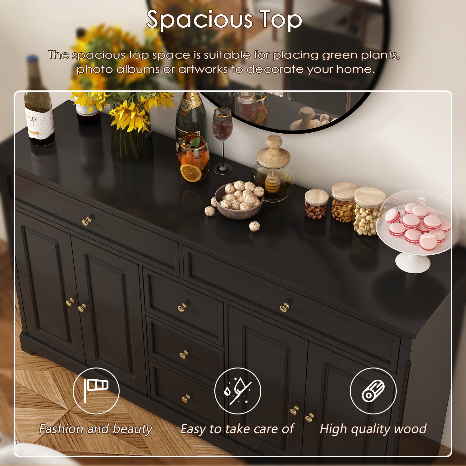 Spacious Top
The spacious top space is suitable for placing green plants, photo albums or artworks to decorate your home.
Fashion and beauty
Easy to take care of
High quality wood