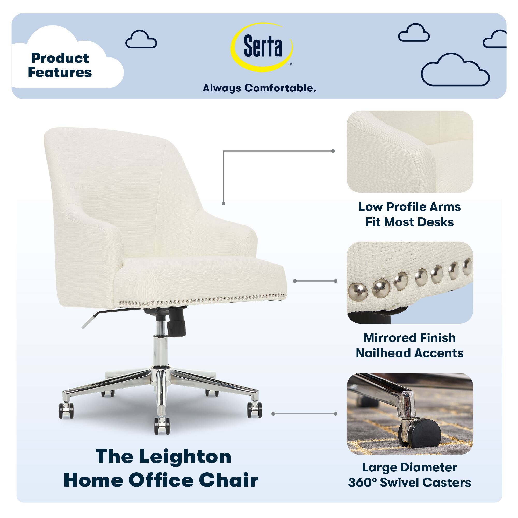 The Leighton Home Office Chair is designed to provide comfort and functionality for your workspace. It features a low profile arm design that fits most desks, and a mirrored finish with nailhead accents for added style. The chair also has large diameter 360 swivel casters for easy movement and maneuverability. With its sleek design and practical features, the Leighton Home Office Chair is an ideal choice for any home office setup.