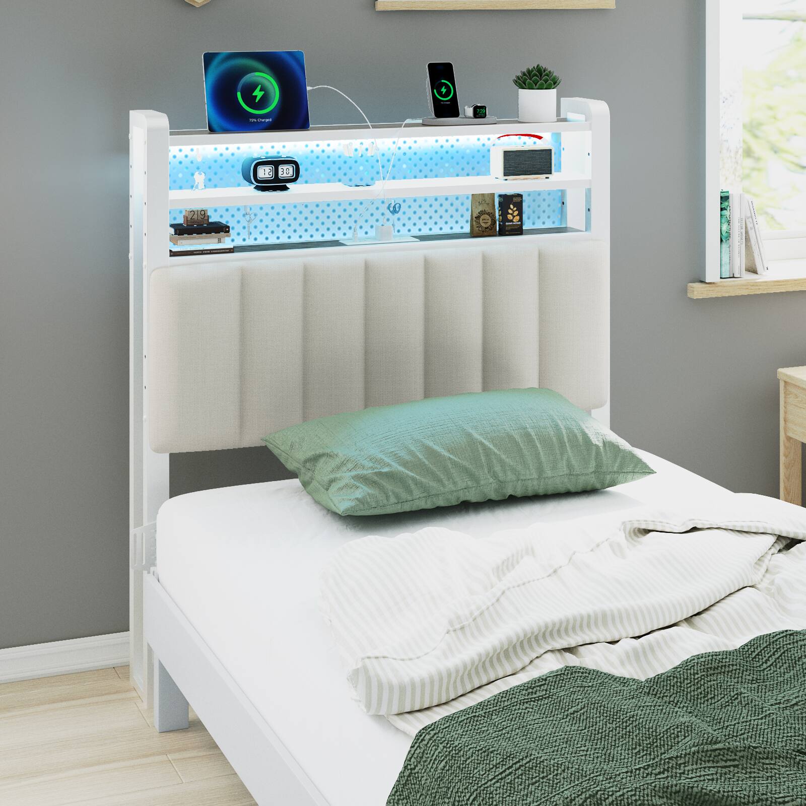 Alt View 8. Winado - Twin Size Adjustable Upholstered Headboard Only with 3 Tier Shelves and Pegboard with Charging Stations and LED Lights - Linen & White.