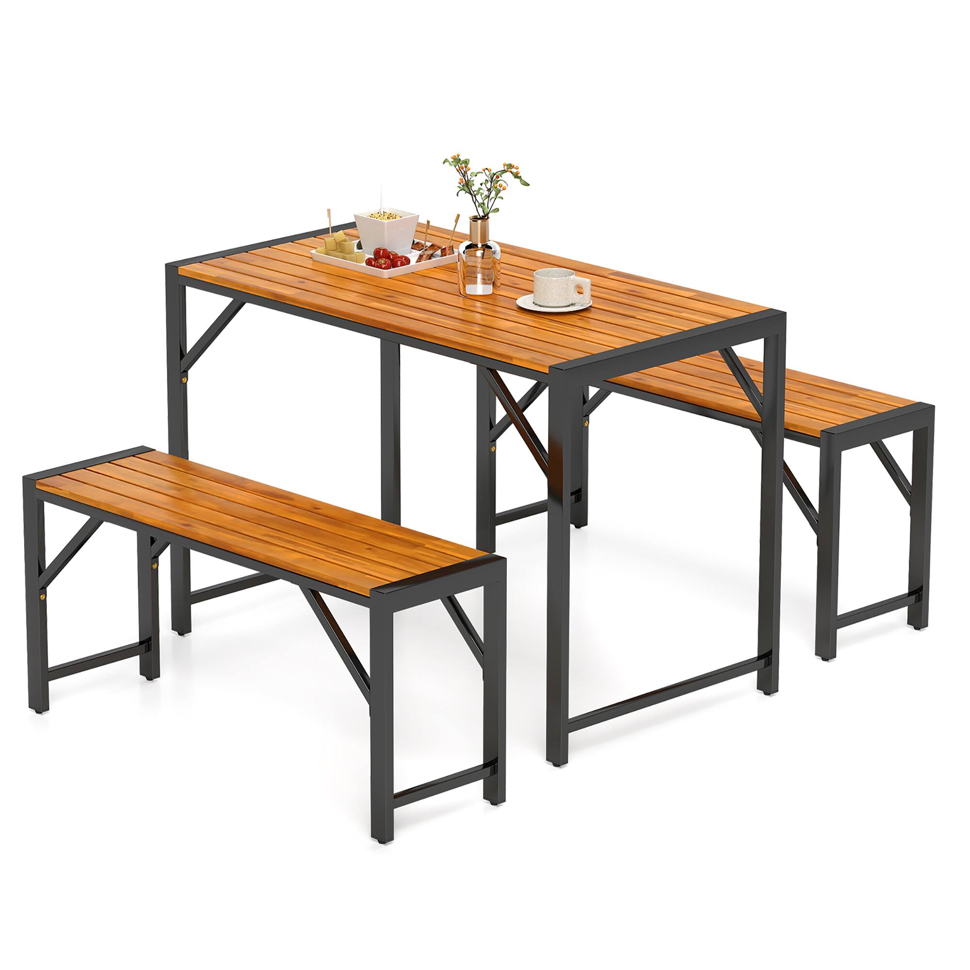 Alt View 9. Gymax - Gymax 3 PCS Dining Set for 4 People Outdoor Picnic Table & 2 Benches w/ Metal Frame - Natural, Black.