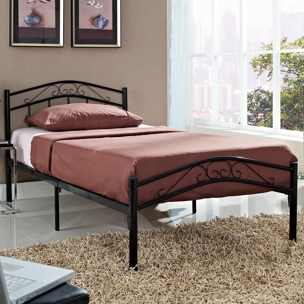Hivvago - Twin size Metal Platform Bed with Headboard and Footboard - Black