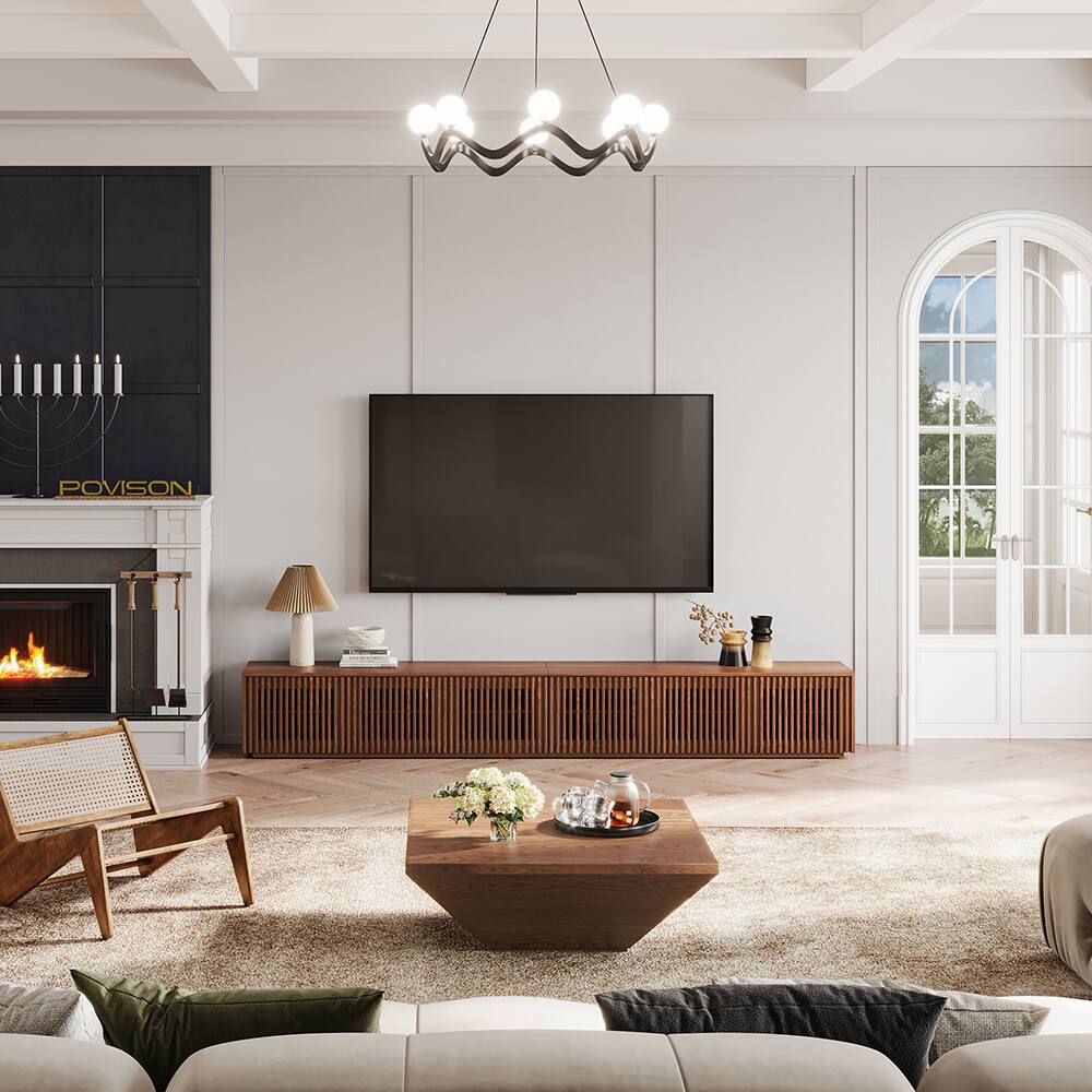 Left. POVISON - 95" Modern Wood TV Stand, Minimalist Slatted Entertainment Center,Media Console Perfect for 85-inch TVs - Walnut Color.