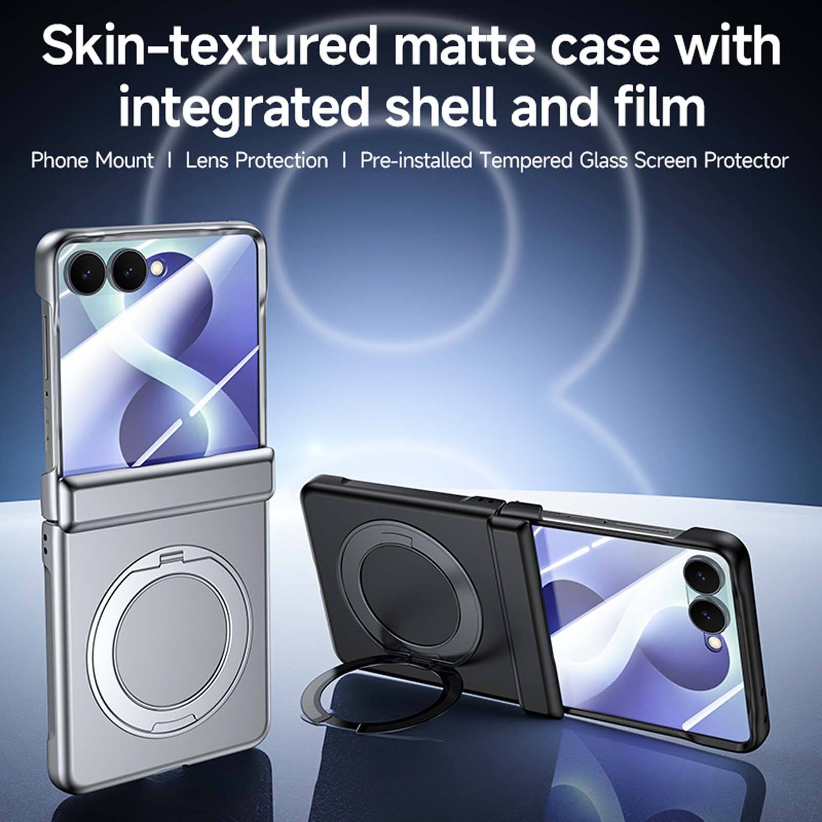 Skin-textured matte case with integrated shell and film  
Phone Mount | Lens Protection | Pre-installed Tempered Glass Screen Protector
