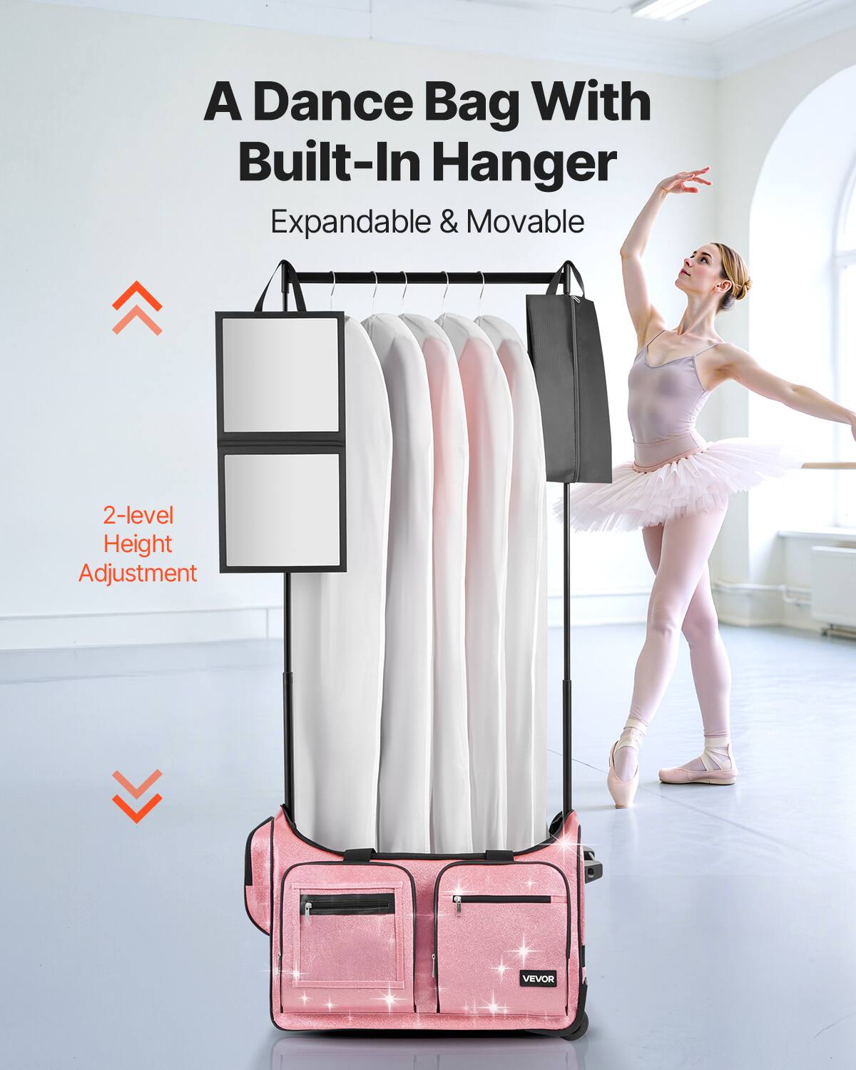 A Dance Bag With Built-In Hanger  
Expandable & Movable  

2-level Height Adjustment  

VEVOR