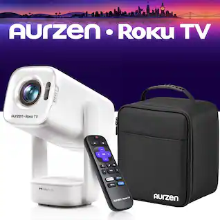 Aurzen - Roku TV Smart Projector with Carrying Case, USB-C Powered, Flexible Stand, Independent Base Speakers, Dolby Audio, 1080P - White