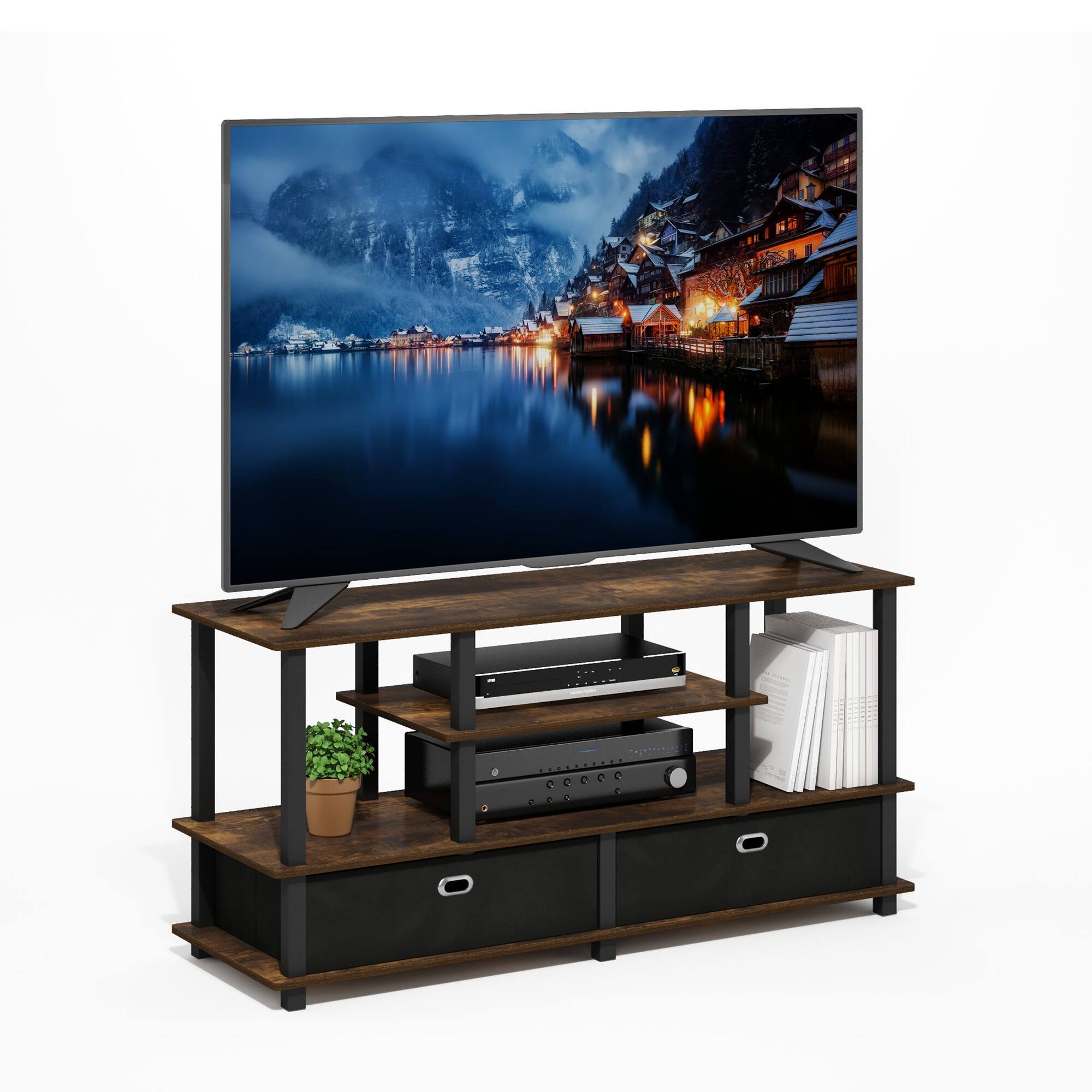 Alt View 3. Furinno - JAYA Large TV Stand for up to 55-Inch TV with Storage Bin - Amber Pine/Black/Black.