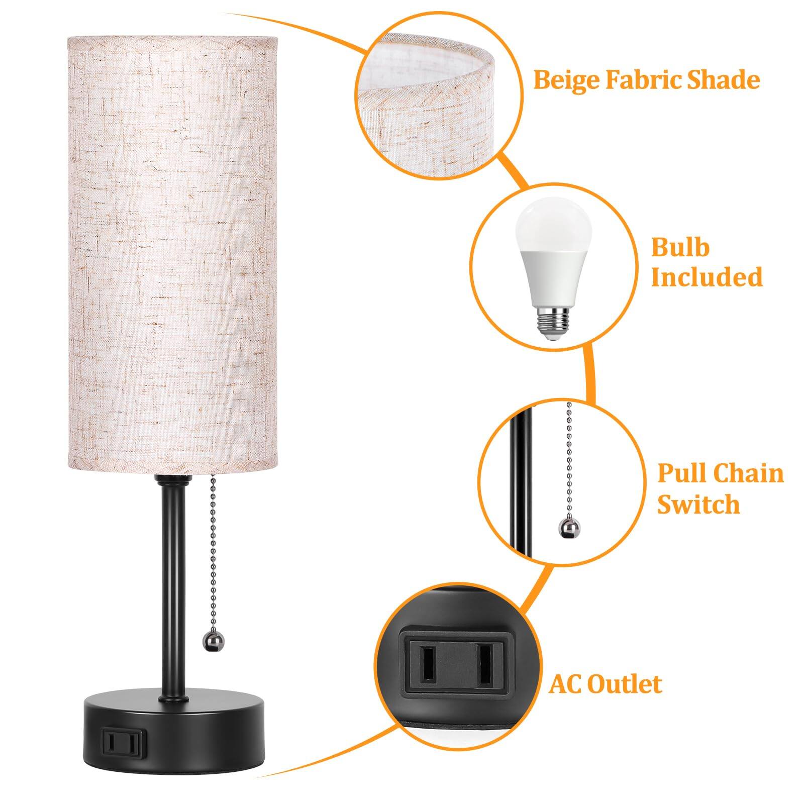 - Beige Fabric Shade
- Bulb Included
- Pull Chain Switch
- AC Outlet