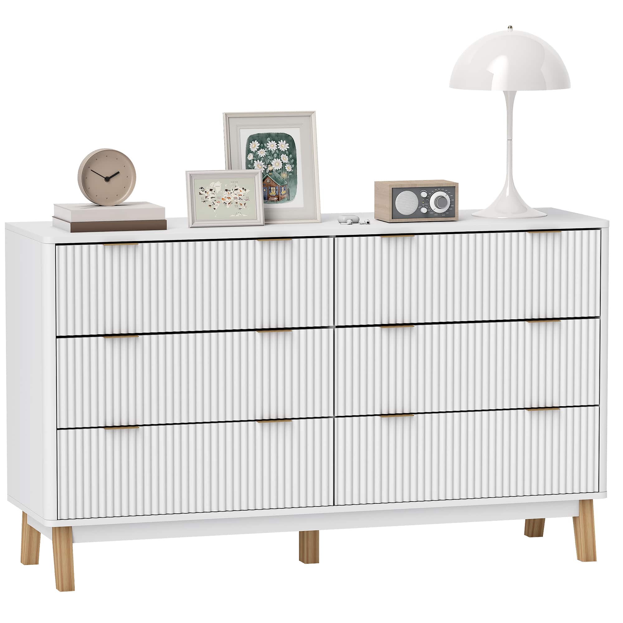 Homcom - Fluted Dresser for Bedroom with 6 Drawers, 54" Wide Chest of Drawers with Gold Finger Pulls and 5 Wood Legs - White