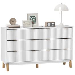 Homcom - Fluted Dresser for Bedroom with 6 Drawers, 54" Wide Chest of Drawers with Gold Finger Pulls and 5 Wood Legs - White