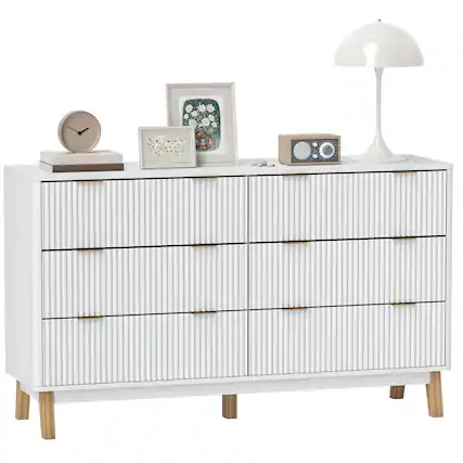 Front. Homcom - Fluted Dresser for Bedroom with 6 Drawers, 54" Wide Chest of Drawers with Gold Finger Pulls and 5 Wood Legs - White.