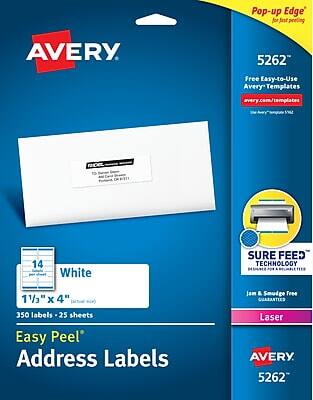 Avery 5262  
Pop-up Edge for Just Peeling  
Free Easy-to-Use Avery Templates  
avery.com/templates  
14 White  
1 1/3" x 4"  
350 labels - 25 sheets  
Easy Peel Address Labels  
Sure Feed Technology  
Jam & Smudge Free Guaranteed  
Laser