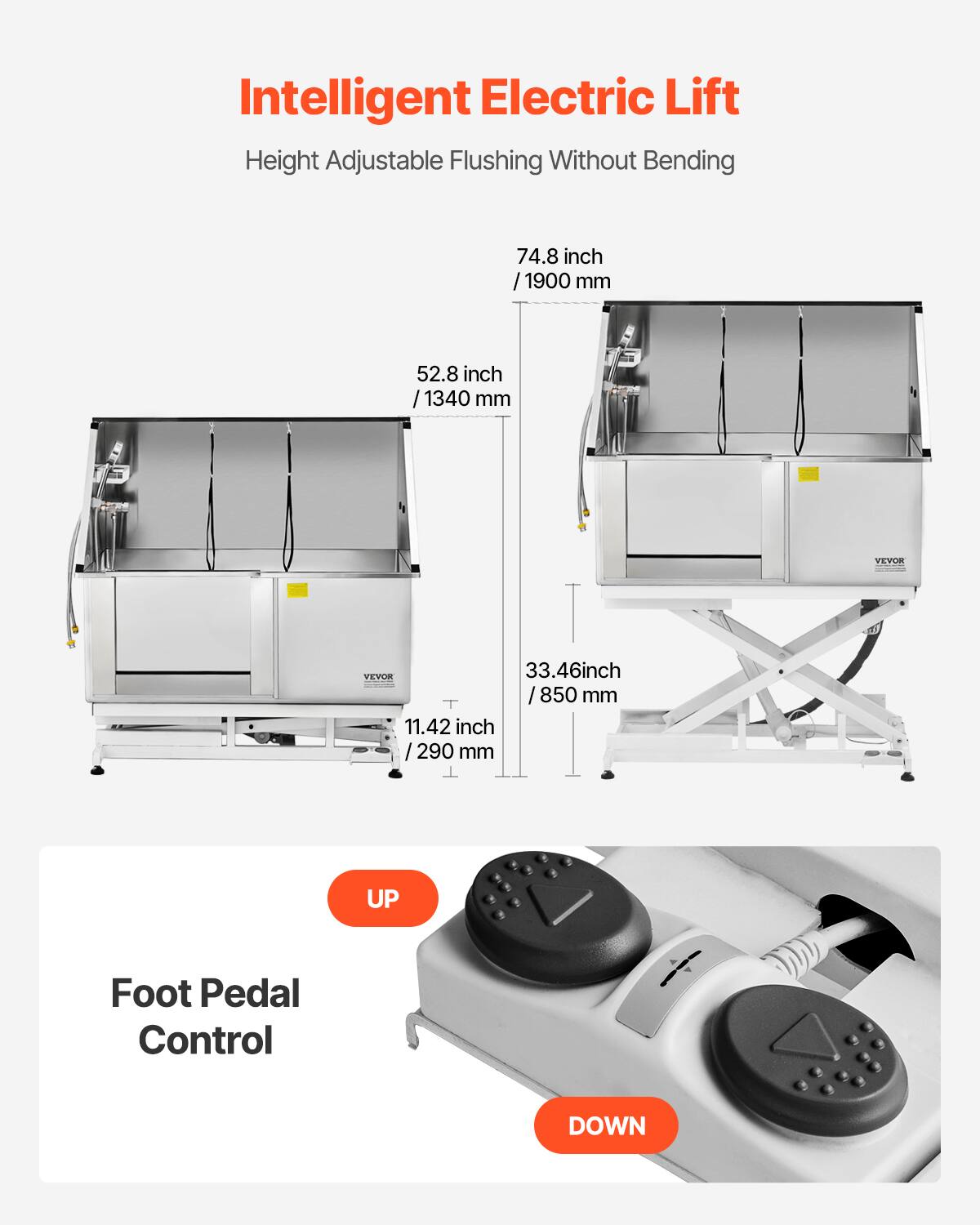 Intelligent Electric Lift  
Height Adjustable Flushing Without Bending  

74.8 inch / 1900 mm  
52.8 inch / 1340 mm  
33.46 inch / 850 mm  
11.42 inch / 290 mm  

Foot Pedal Control  
UP  
DOWN