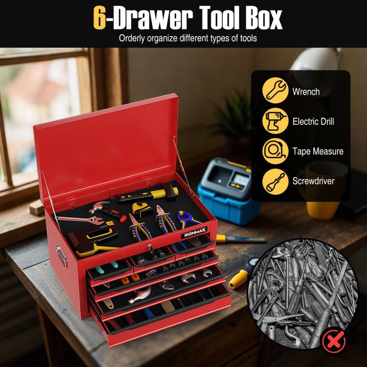 6-Drawer Tool Box  
Orderly organize different types of tools  
Wrench  
Electric Drill  
Tape Measure  
Screwdriver  
IRONMAX