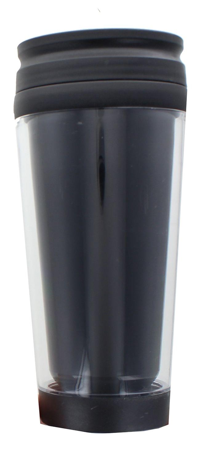 Front. Just Funky - Black 16oz Travel Mug w/ Lid - Black.