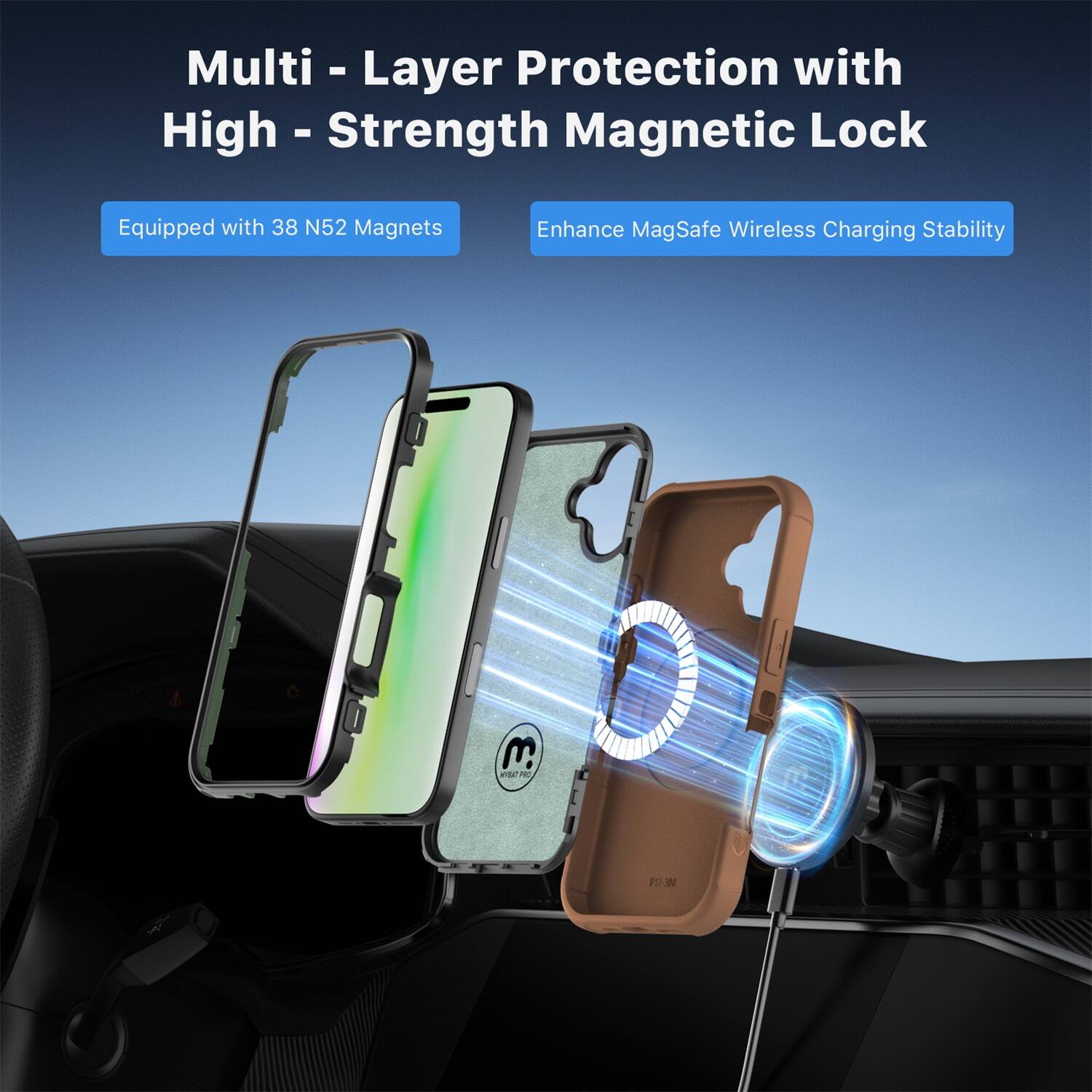 Multi-Layer Protection with High-Strength Magnetic Lock

Equipped with 38 N52 Magnets

Enhance MagSafe Wireless Charging Stability