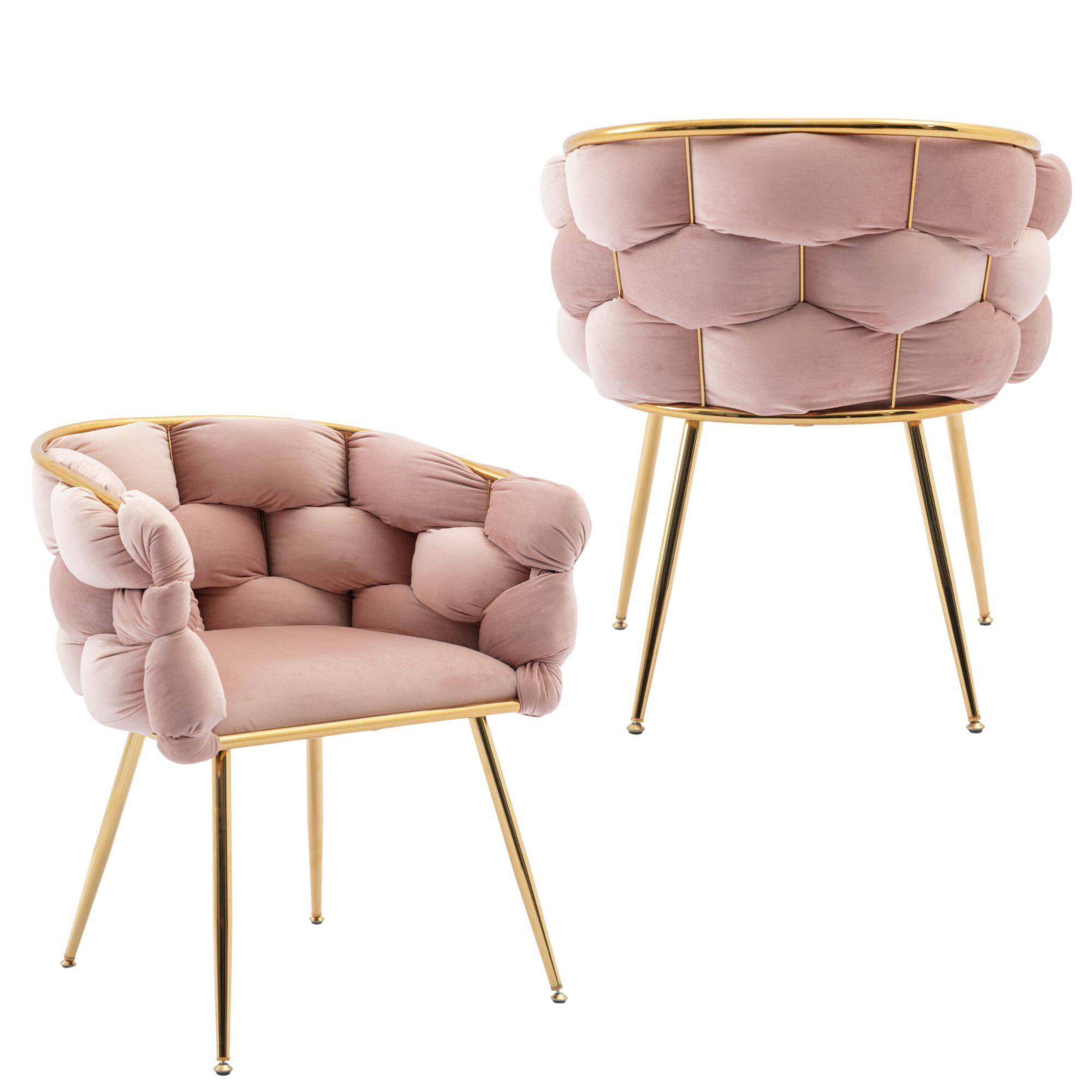 Front. GOODSILO - Modern Velvet Accent Chair Set of 2 for Living Room and Bedroom, Upholstered Lazy Sofa with Sturdy Metal Legs - Pink.
