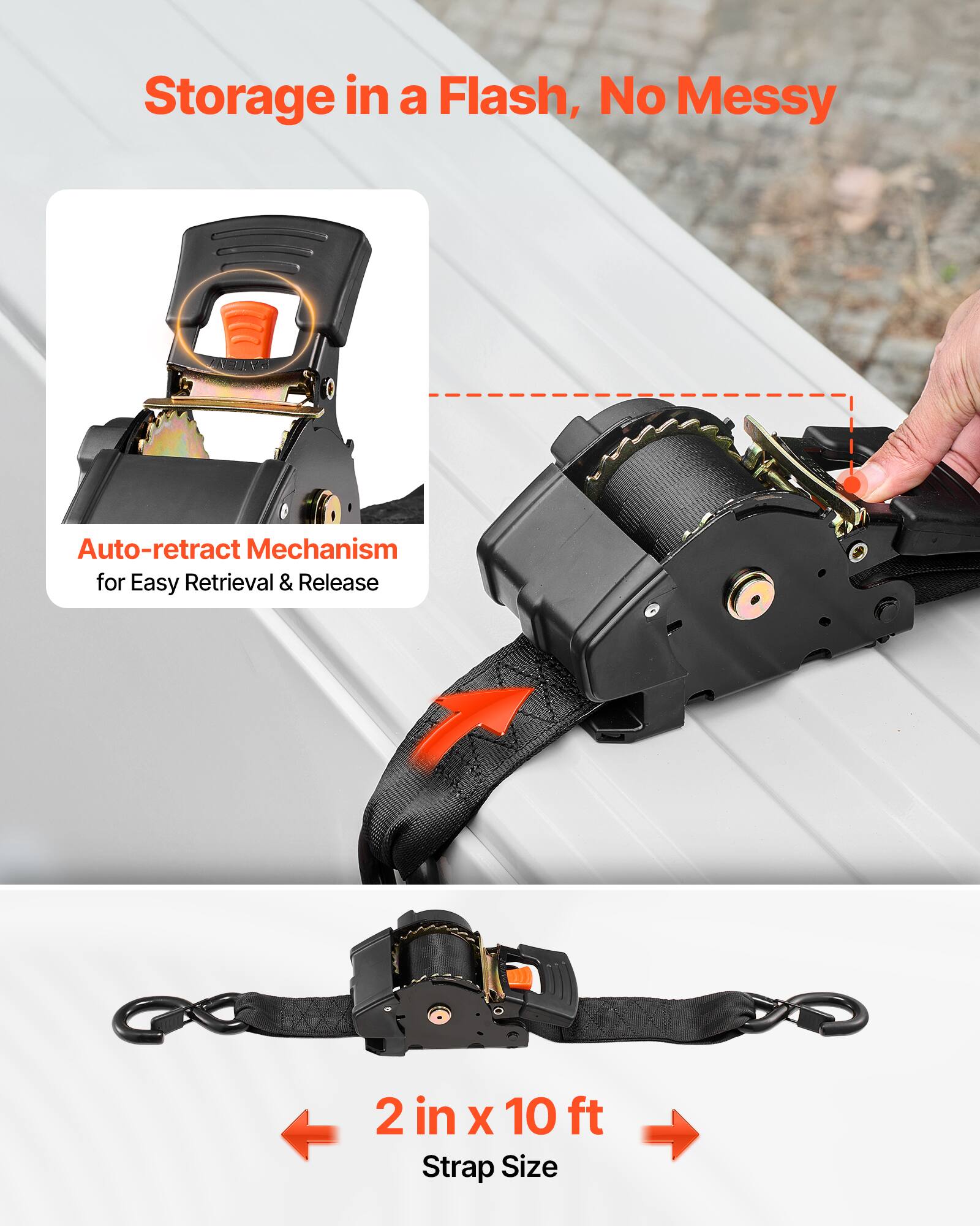 Storage in a Flash, No Messy Auto-retract Mechanism for Easy Retrieval & Release  
2 in x 10 ft Strap Size