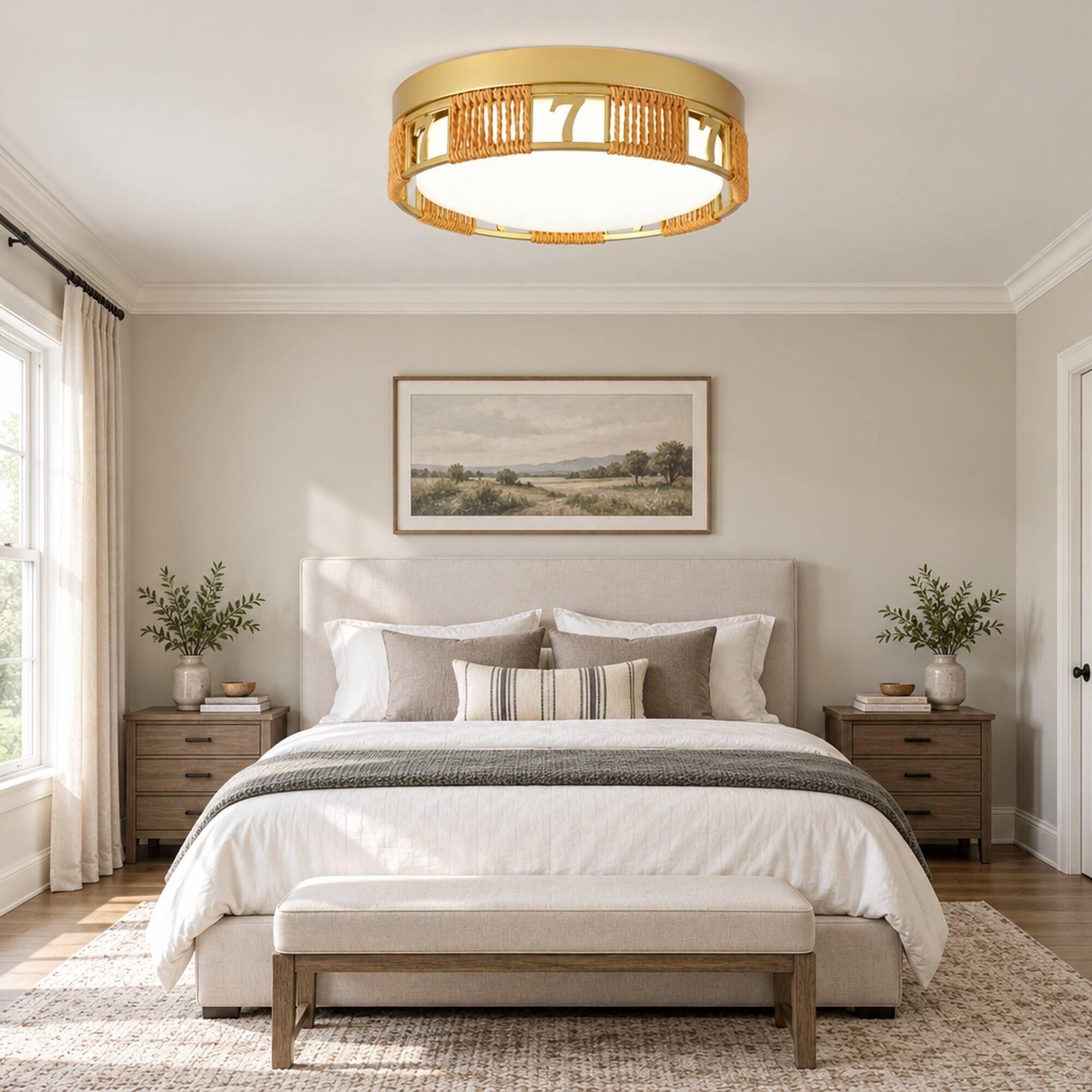 Back. RYHNUYNE - Boho LED Flush Mount Ceiling Light, 11.81 in Gold Metal Frame, Woven Hemp Rope, Frosted Acrylic Shade, Dimmable - Gold.